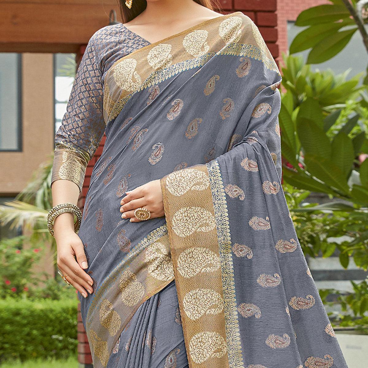 Grey Festive Wear Woven Cotton Handloom Saree - Peachmode