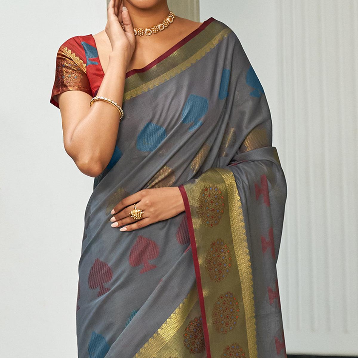 Grey Festive Wear Woven Cotton Handloom Saree - Peachmode