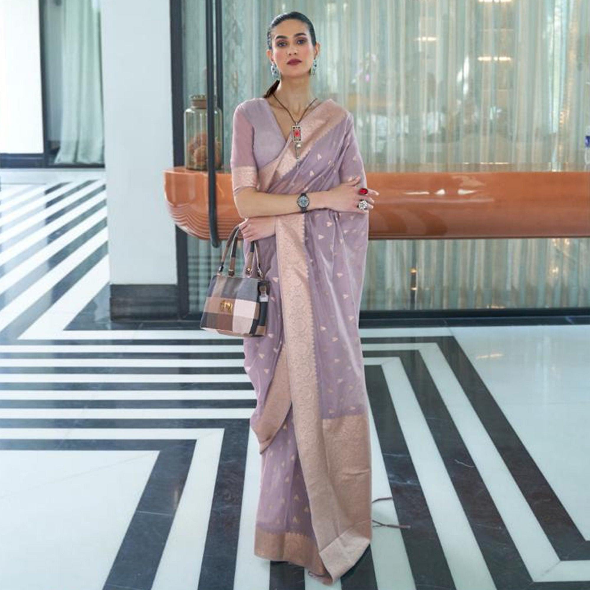 Grey Festive Wear Woven Cotton Saree - Peachmode