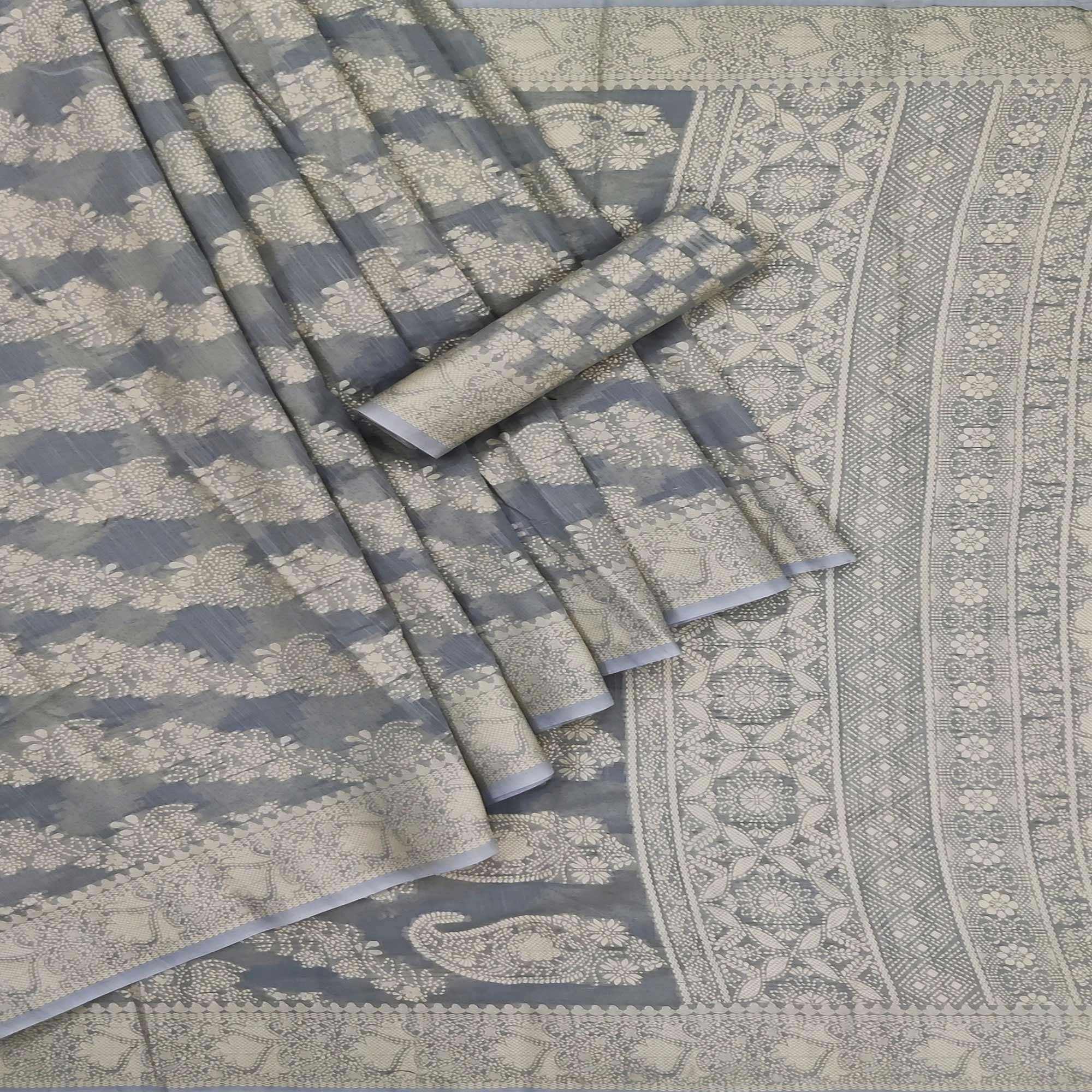 Grey Festive Wear Woven Cotton Saree - Peachmode