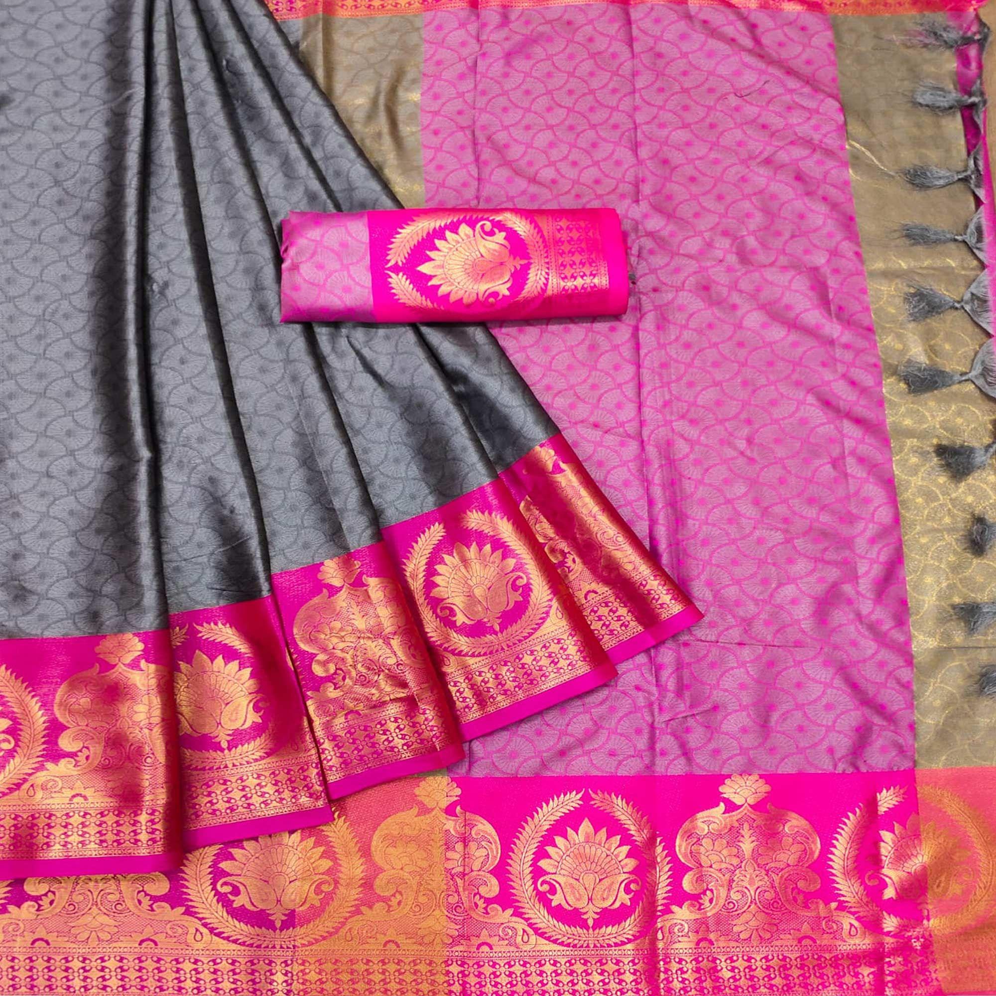 Grey Festive Wear Woven Cotton Saree - Peachmode