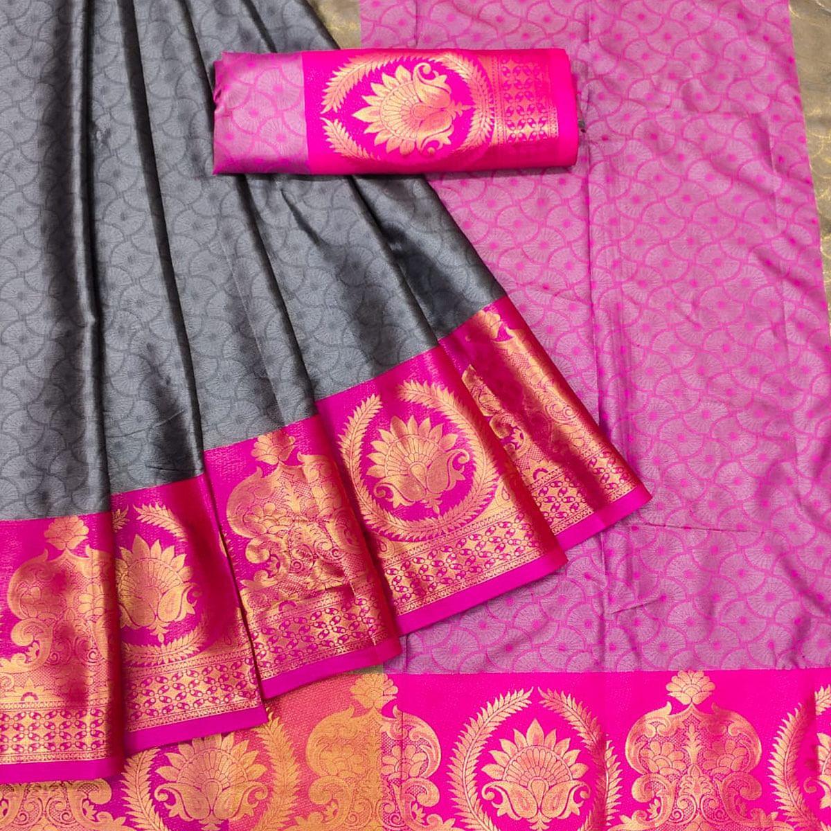 Grey Festive Wear Woven Cotton Saree - Peachmode