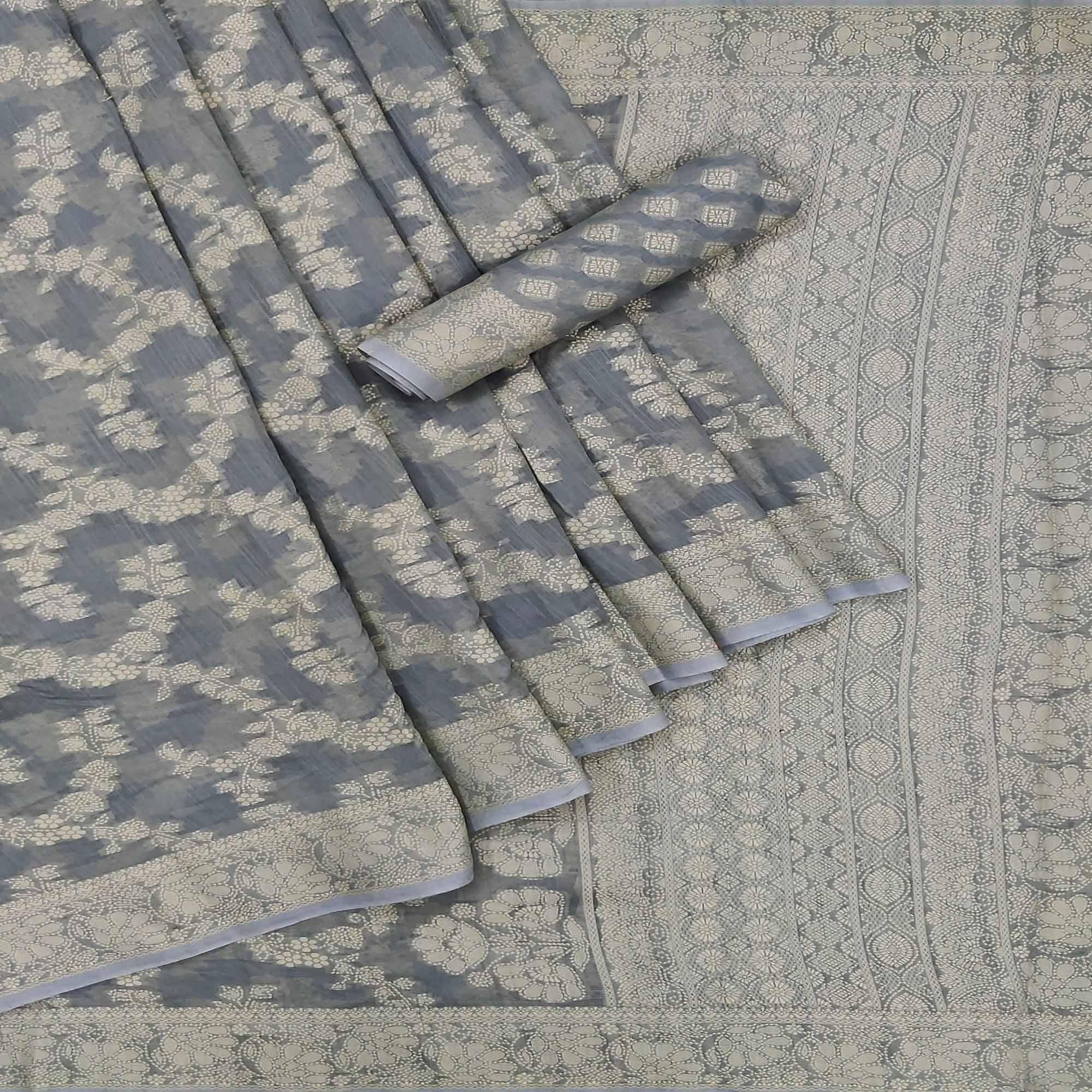 Grey Festive Wear Woven Cotton Saree - Peachmode