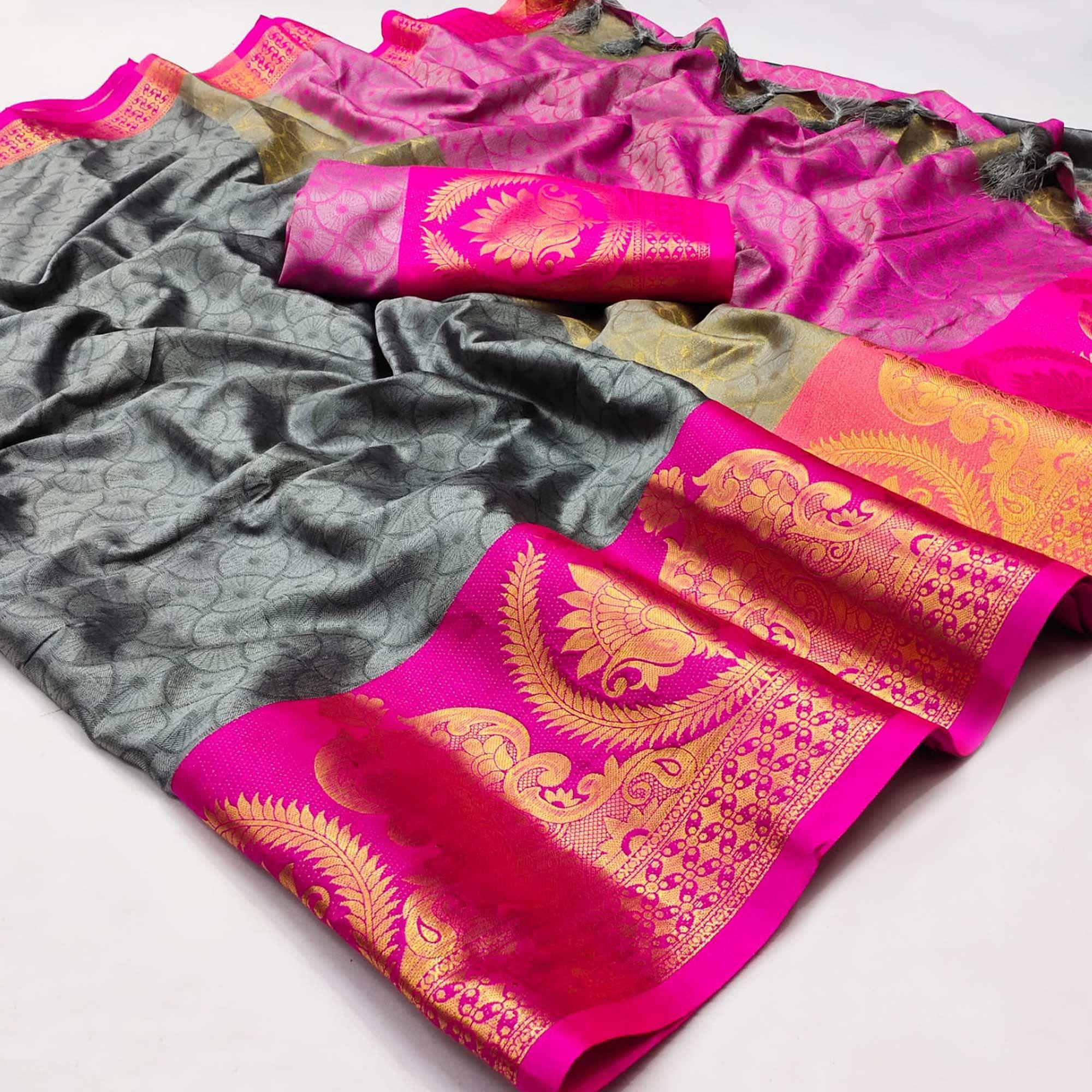 Grey Festive Wear Woven Cotton Saree - Peachmode