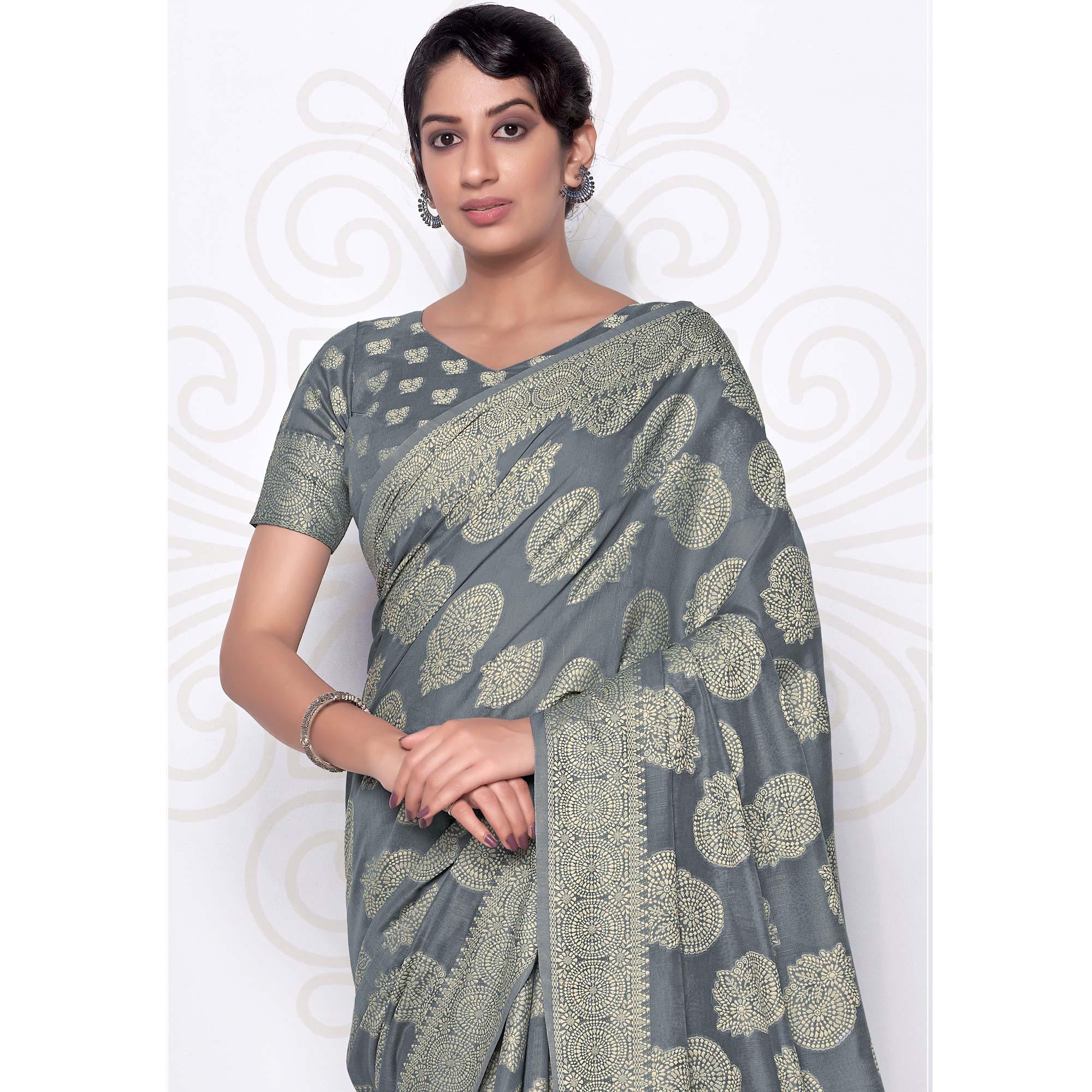 Grey Festive Wear Woven Cotton Saree - Peachmode