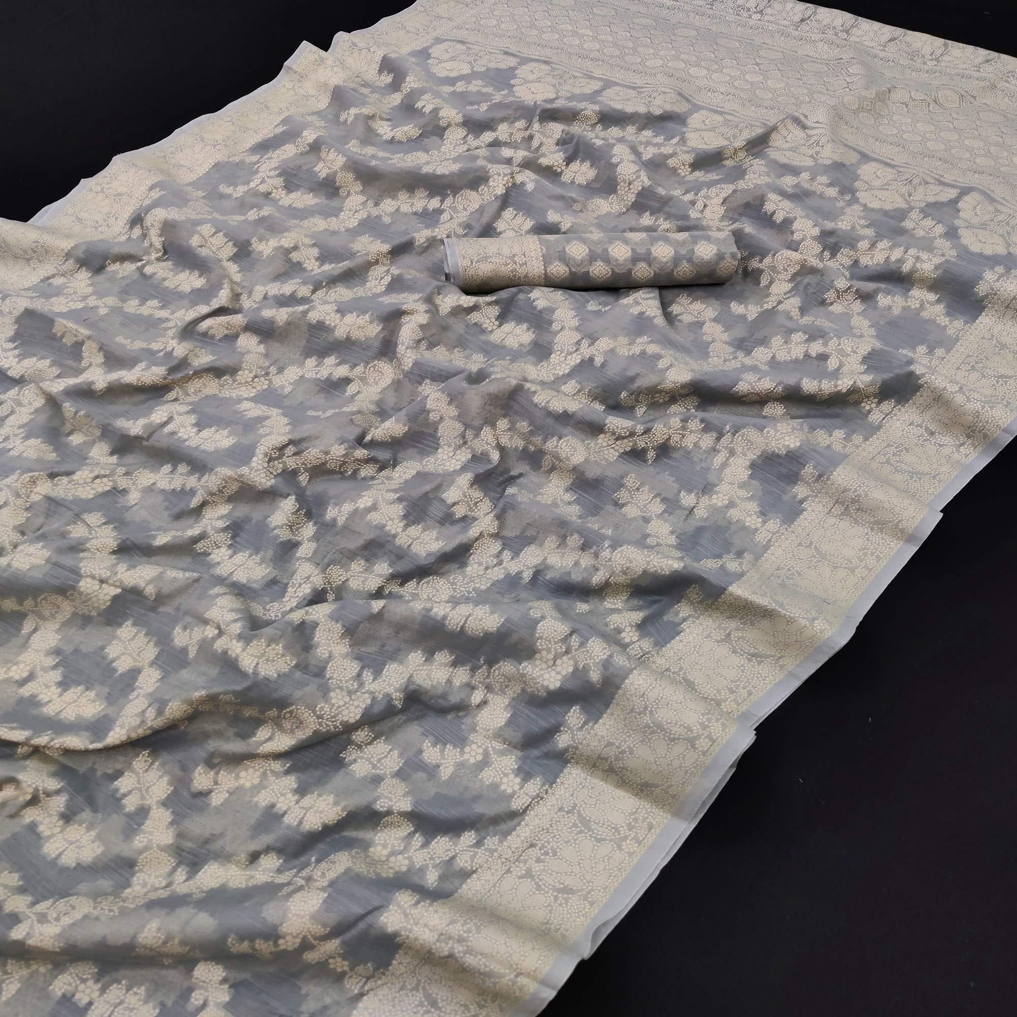 Grey Festive Wear Woven Cotton Saree - Peachmode
