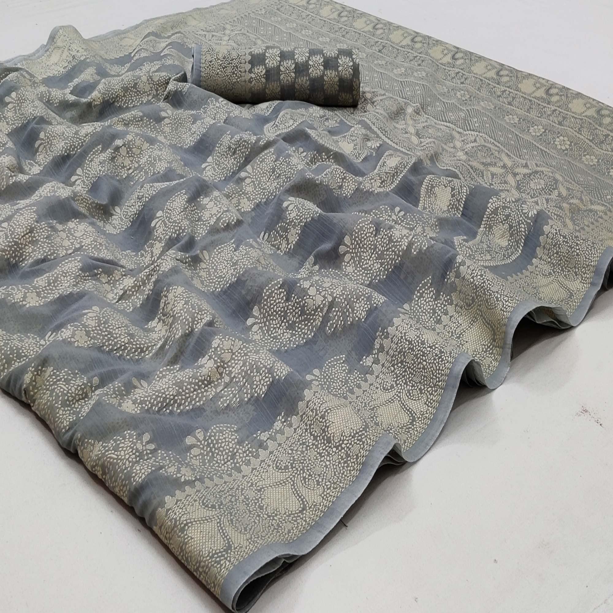 Grey Festive Wear Woven Cotton Saree - Peachmode