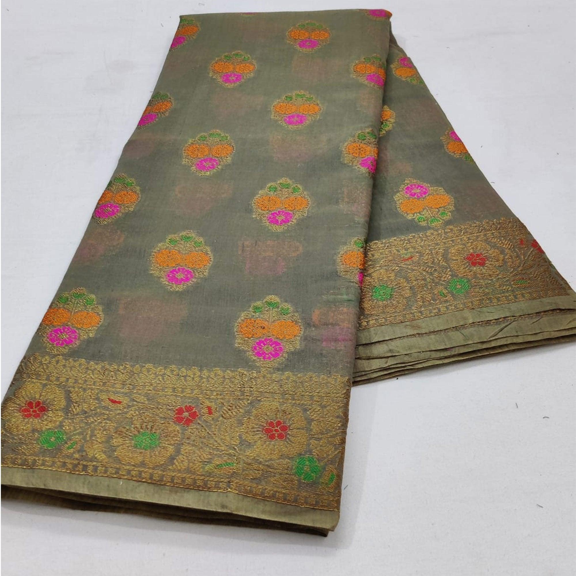 Grey Festive Wear Woven Cotton Saree With Meena Butta Pallu - Peachmode