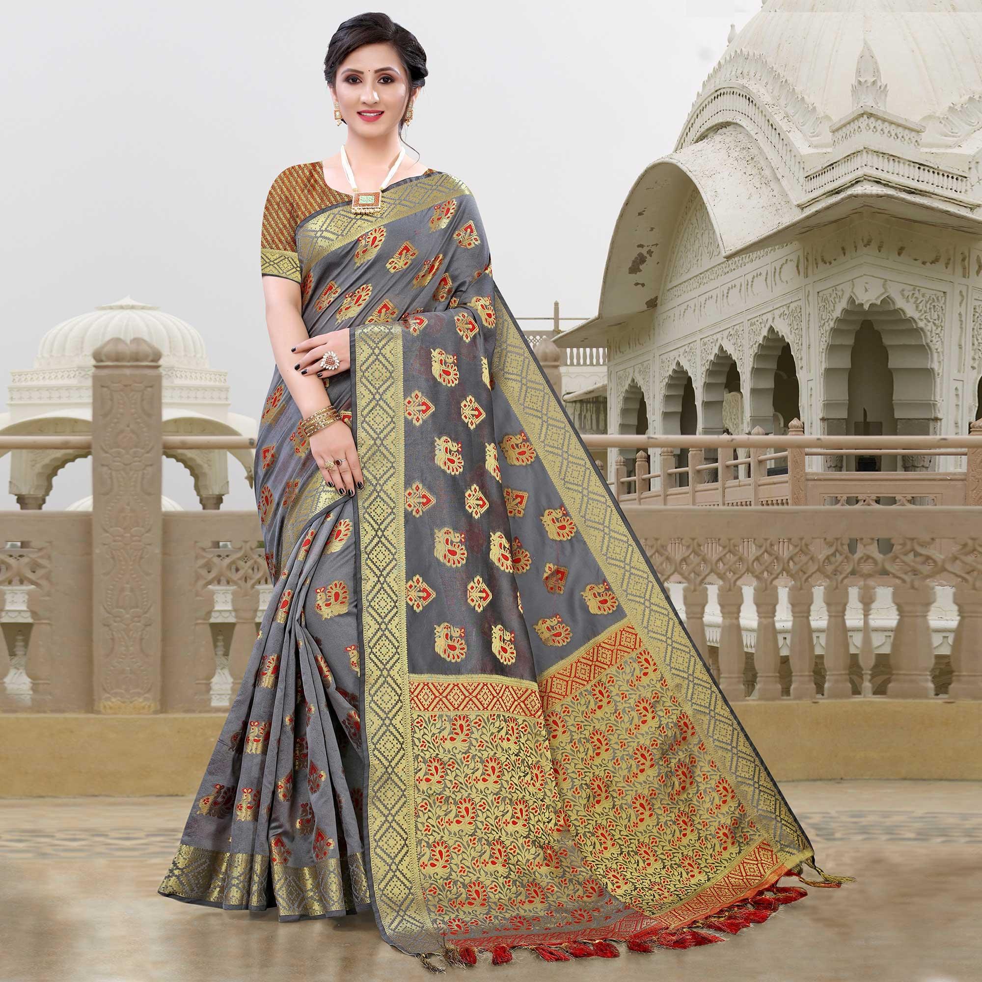 Grey Festive Wear Woven Cotton Saree With Tassels - Peachmode