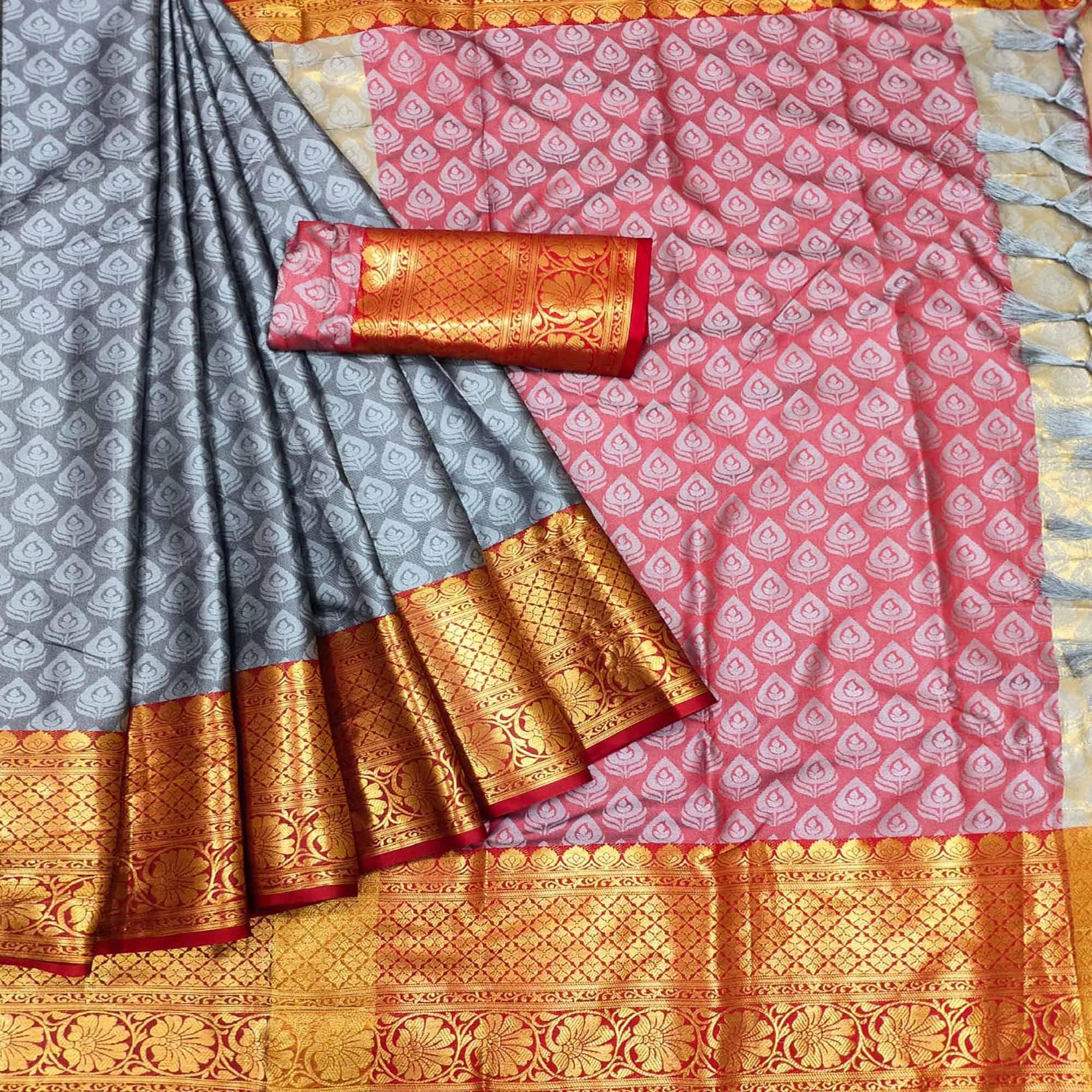 Grey Festive Wear Woven Cotton Saree With Tassels - Peachmode