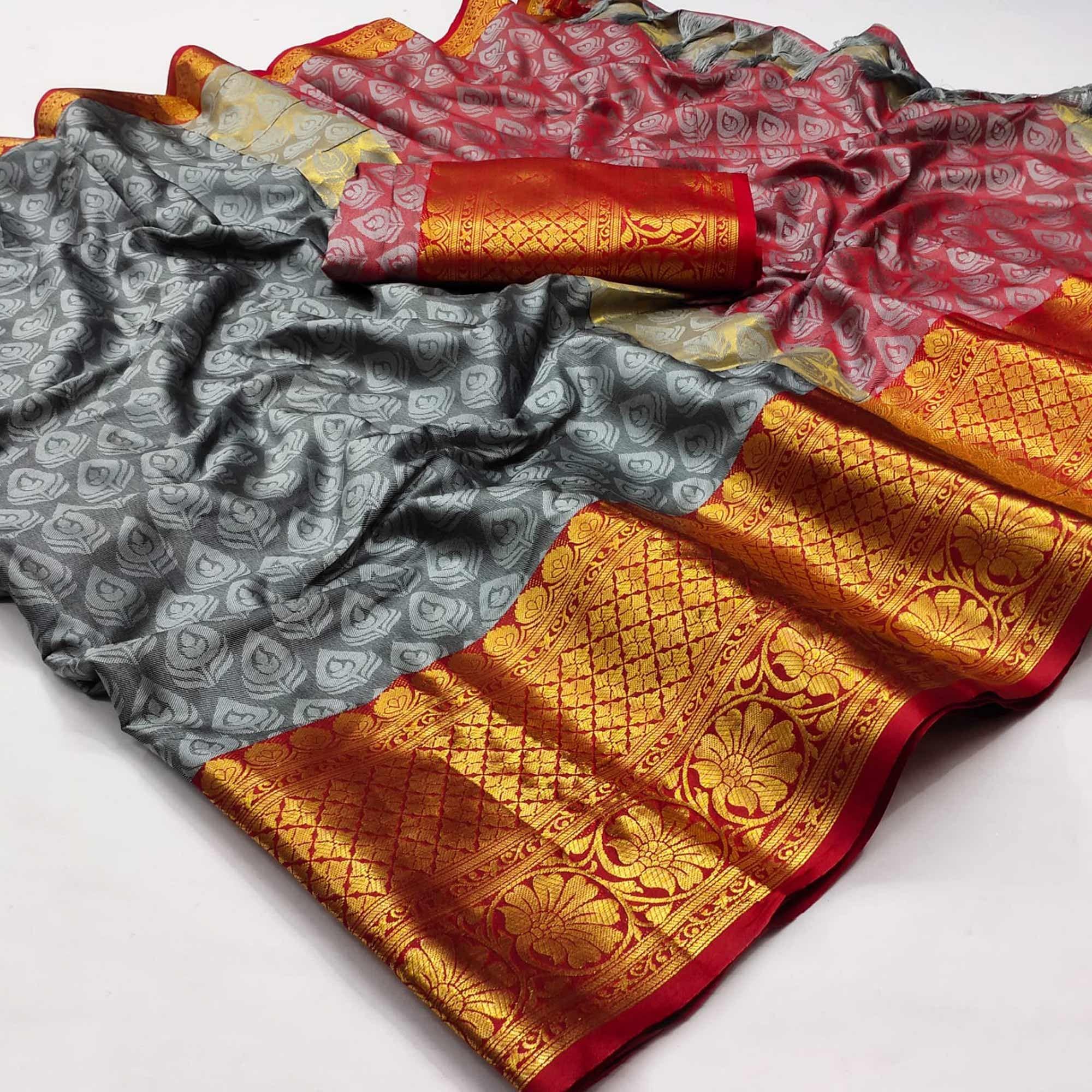 Grey Festive Wear Woven Cotton Saree With Tassels - Peachmode