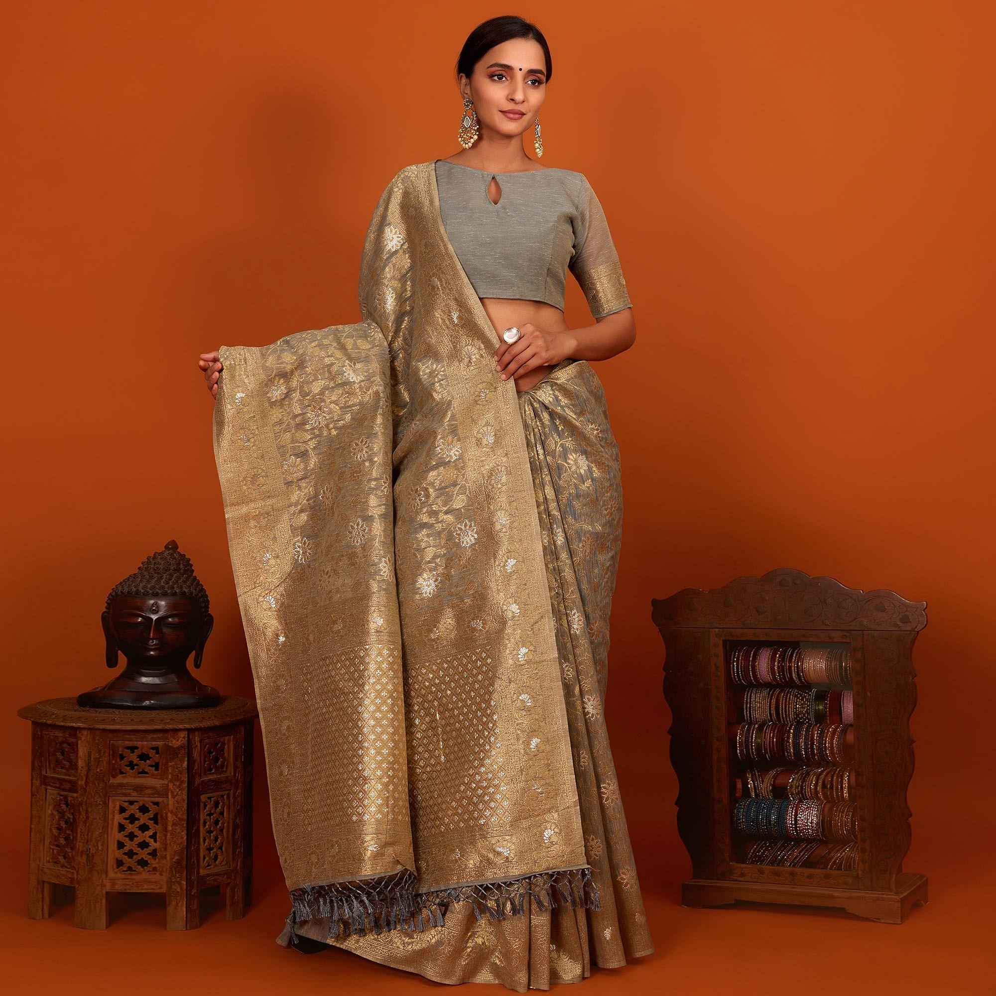 Grey Festive Wear Woven Cotton Saree With Tassels - Peachmode
