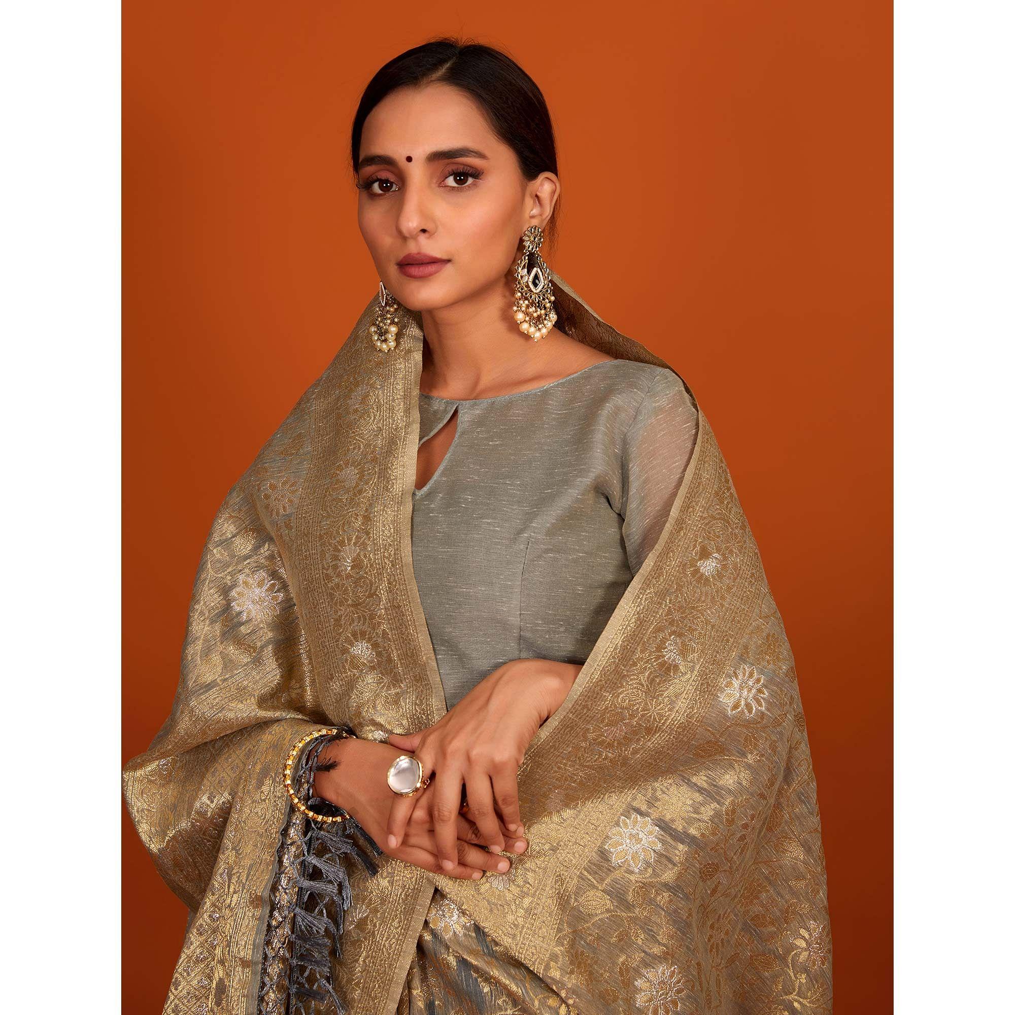 Grey Festive Wear Woven Cotton Saree With Tassels - Peachmode
