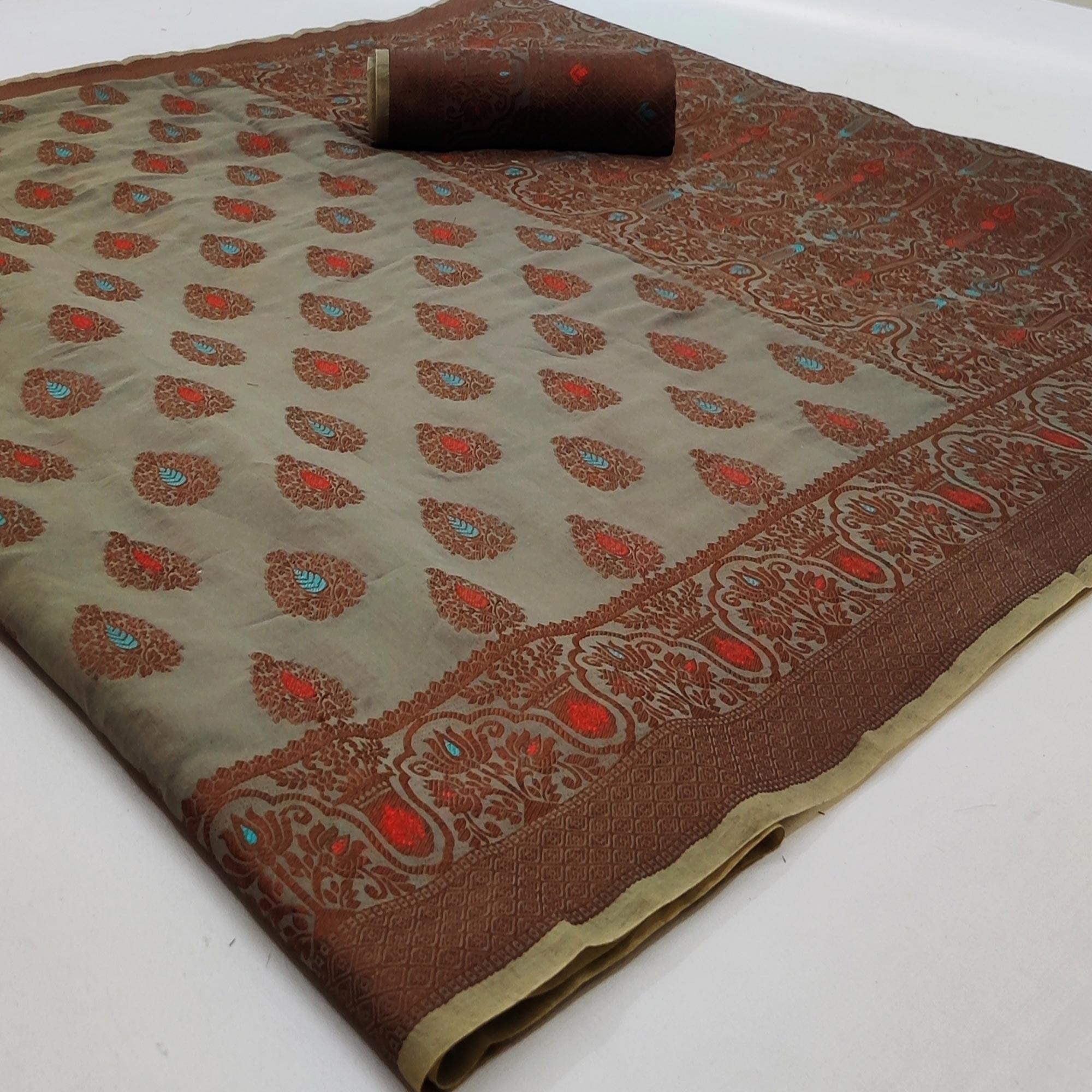 Grey Festive Wear Woven Cotton Silk Saree - Peachmode