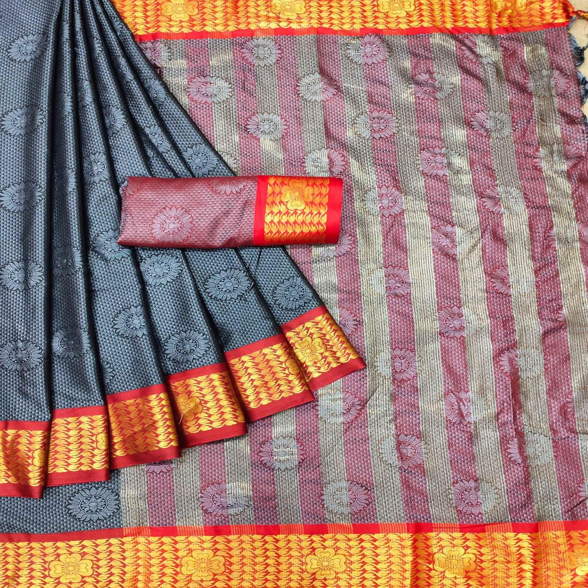 Grey Festive Wear Woven Cotton Silk Saree - Peachmode