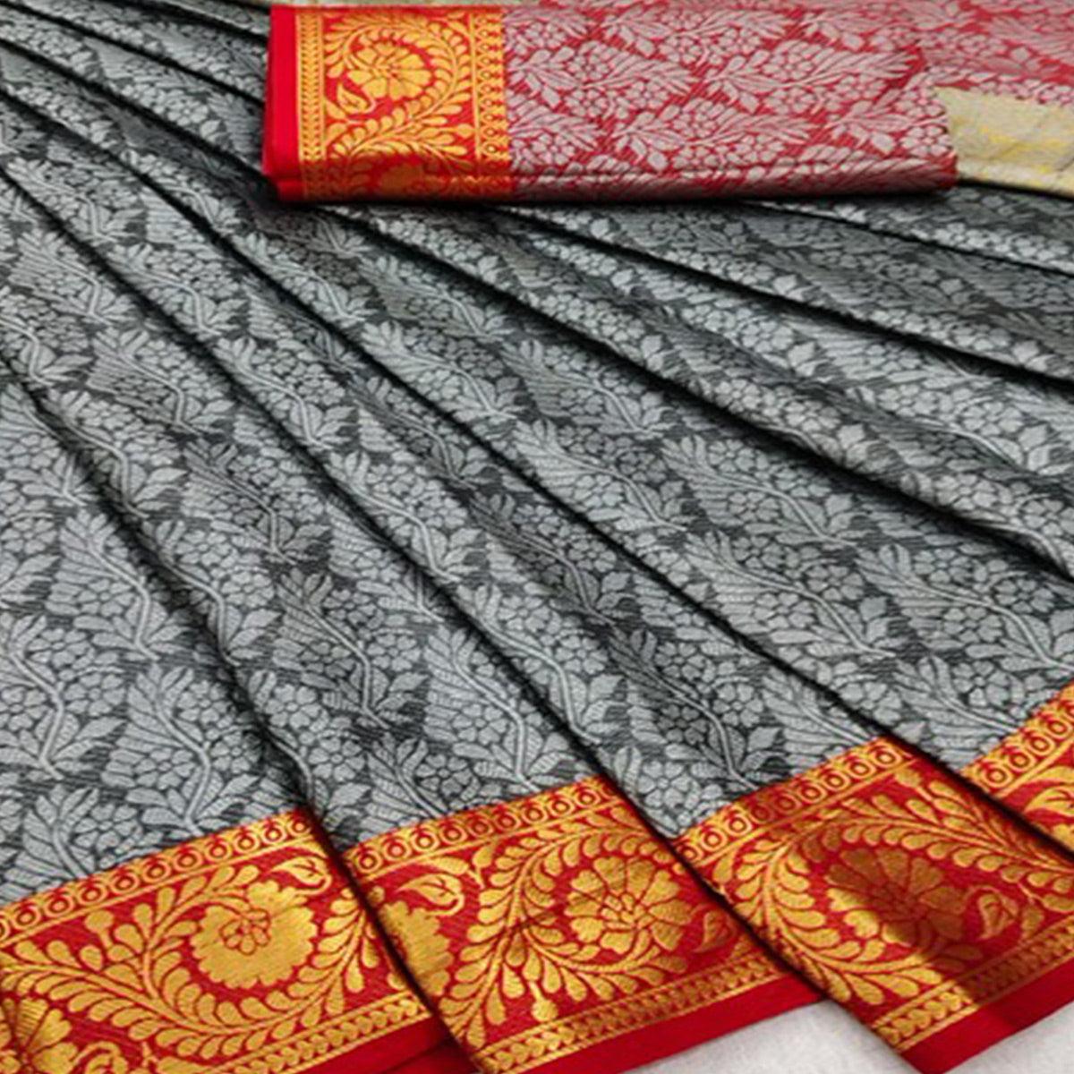 Grey Festive Wear Woven Cotton Silk Saree - Peachmode