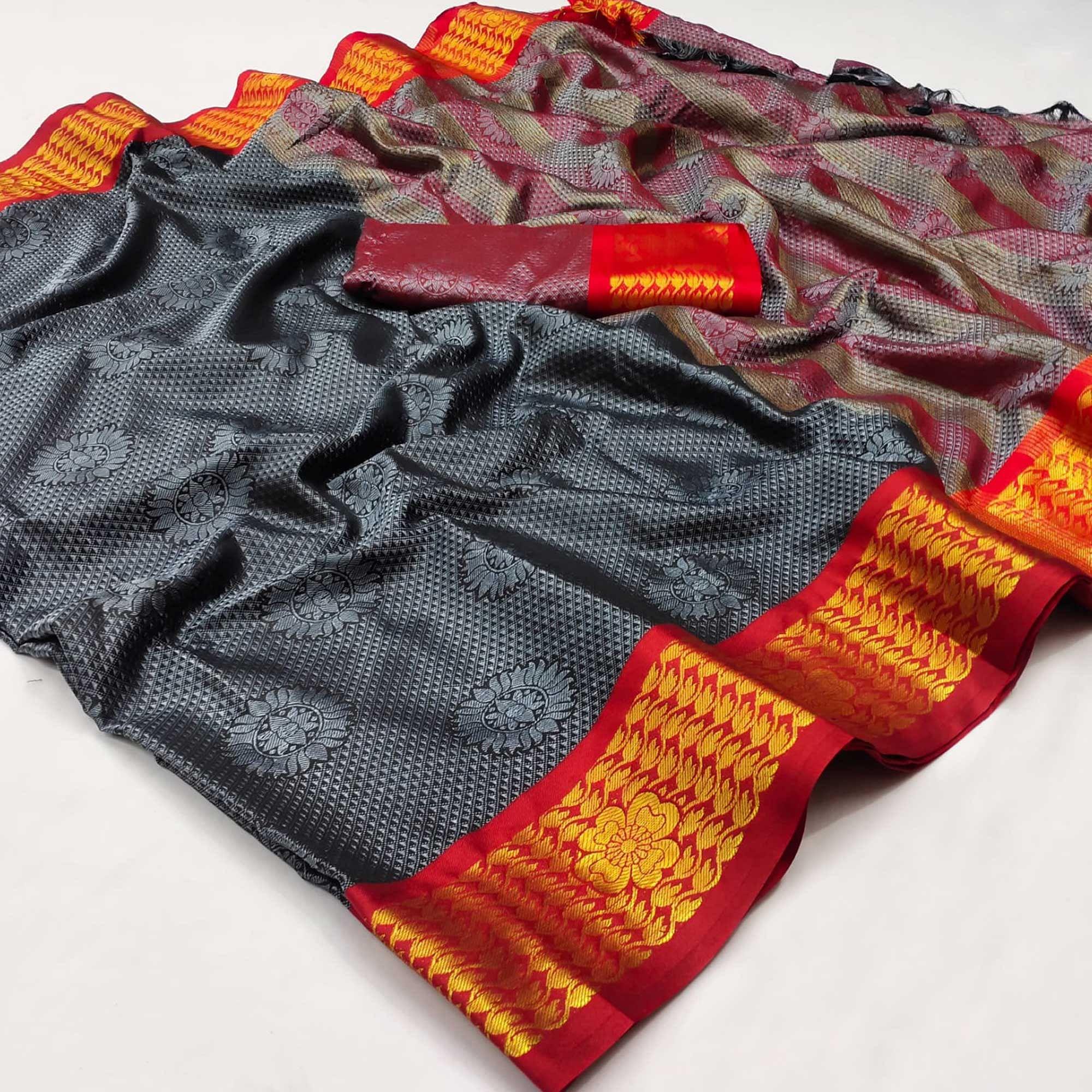Grey Festive Wear Woven Cotton Silk Saree - Peachmode