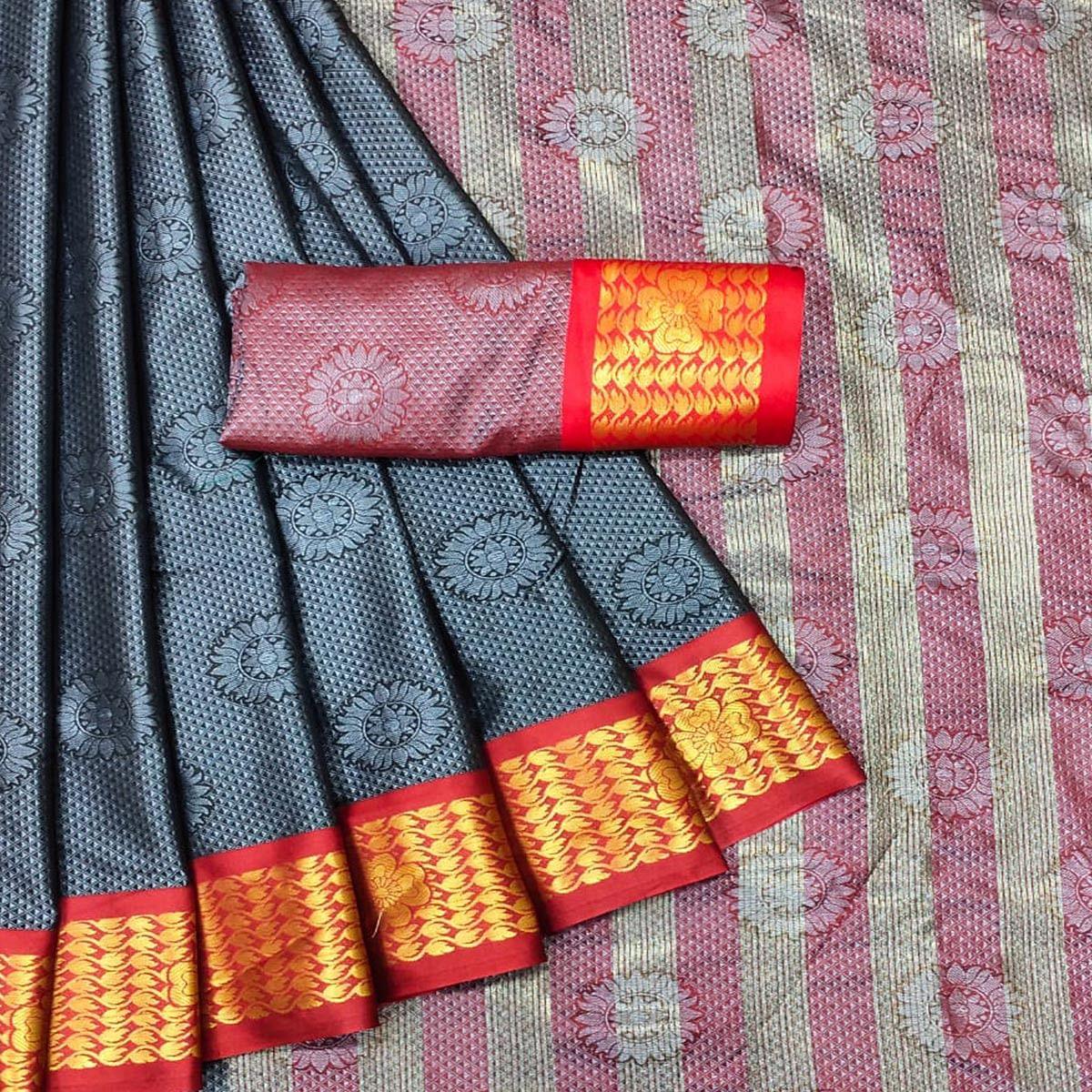 Grey Festive Wear Woven Cotton Silk Saree - Peachmode