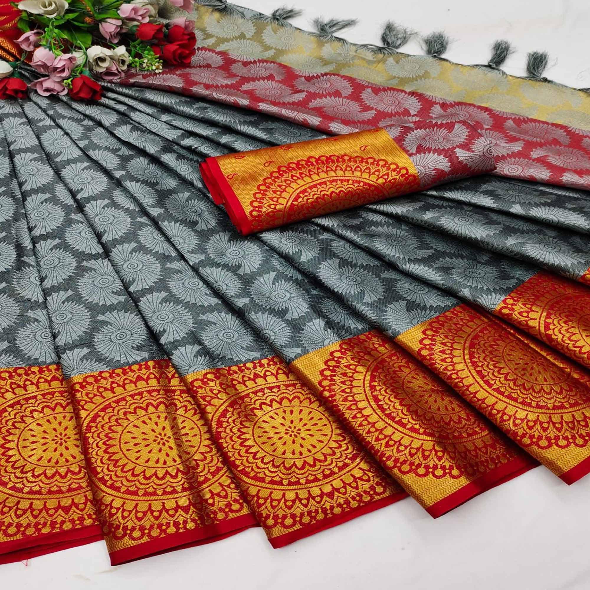 Grey Festive Wear Woven Desginer Cotton Silk Saree - Peachmode