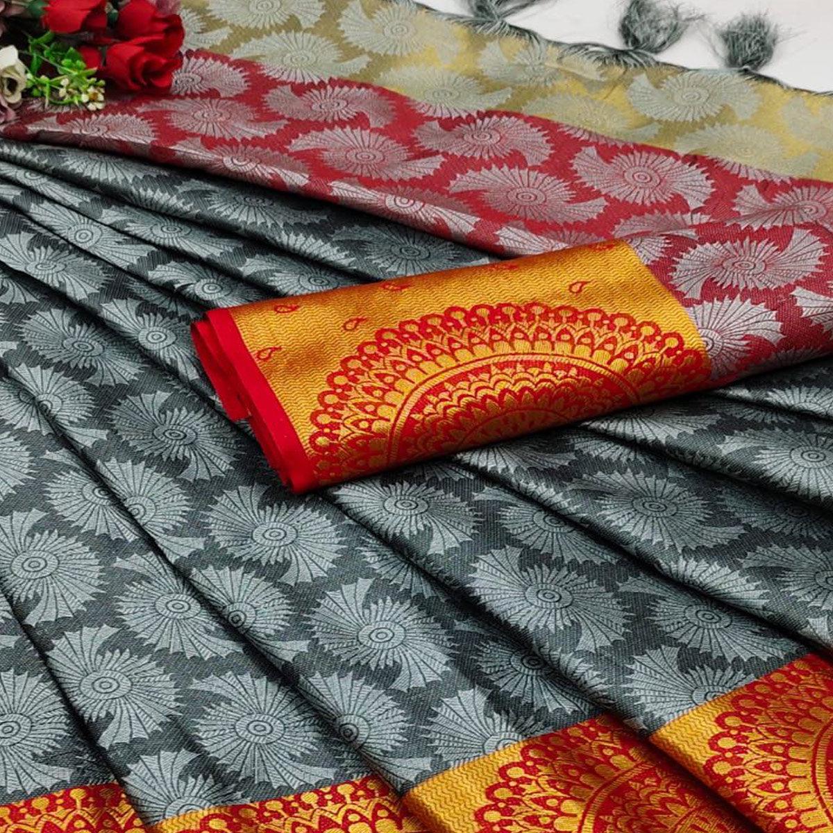 Grey Festive Wear Woven Desginer Cotton Silk Saree - Peachmode