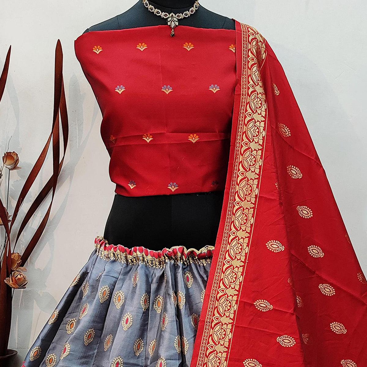 Grey Festive Wear Woven Heavy Brocade Lehenga Choli - Peachmode