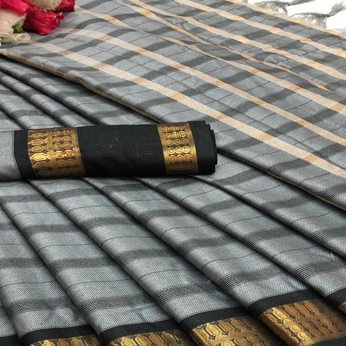 Grey Festive Wear Woven Heavy Rich Cotton Silk Saree - Peachmode