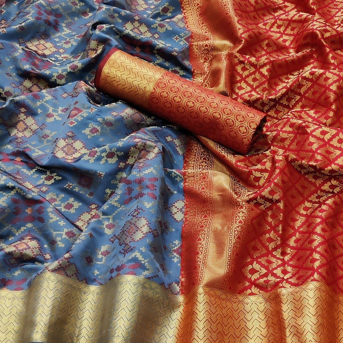 Grey Festive Wear Woven Heavy Silk Saree With Patola Rich Pallu - Peachmode