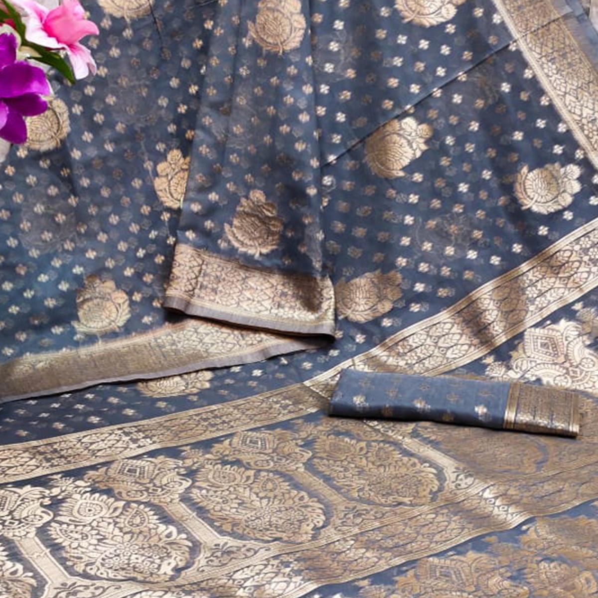 Grey Festive Wear Woven Jacquard Silk Saree - Peachmode