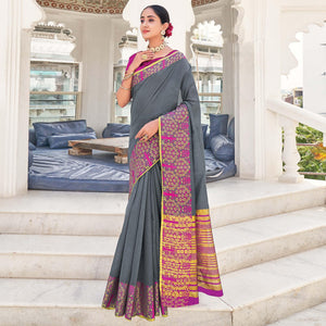 Grey Festive Wear Woven Jute Saree - Peachmode