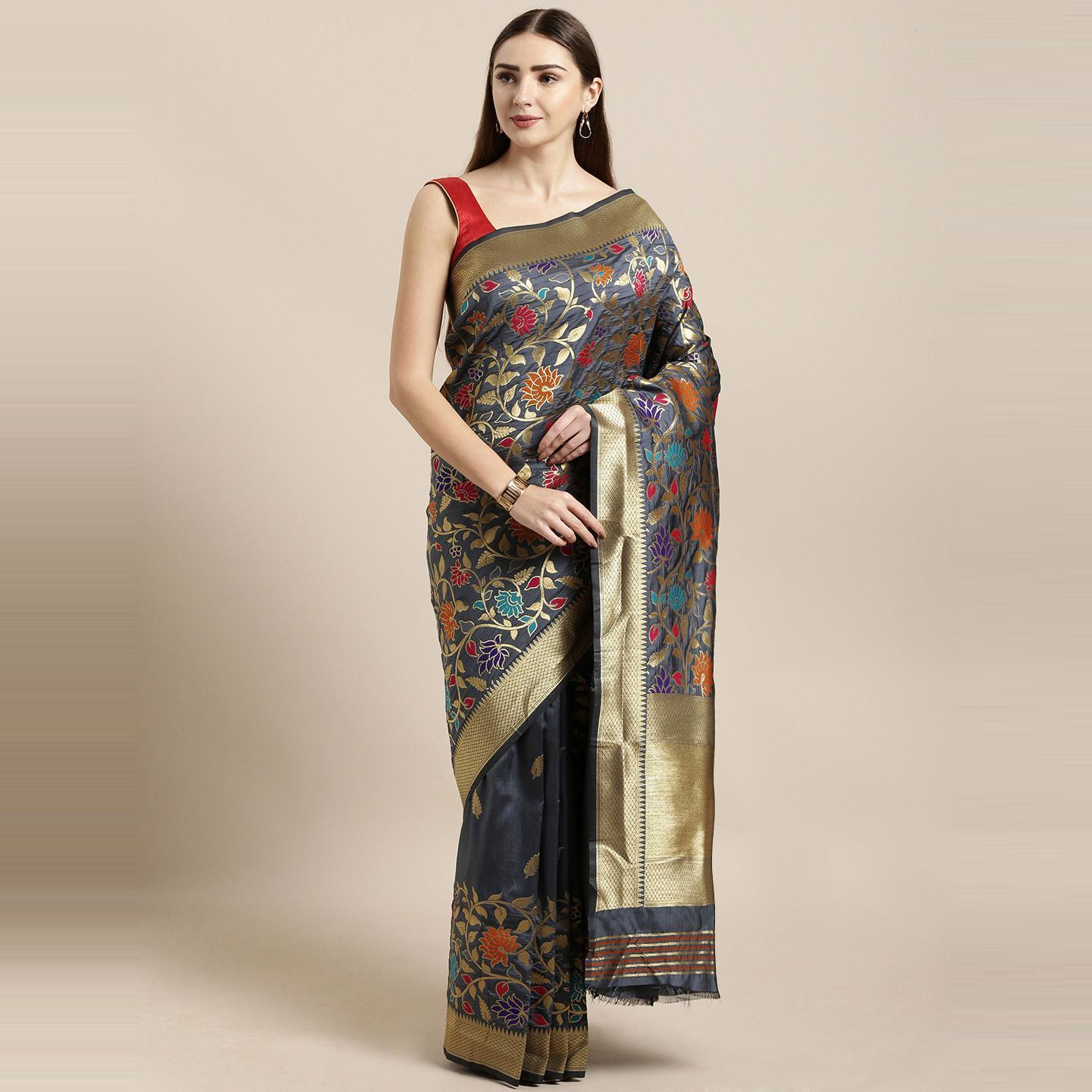 Grey Festive Wear Woven Kanjivaram Silk Saree - Peachmode