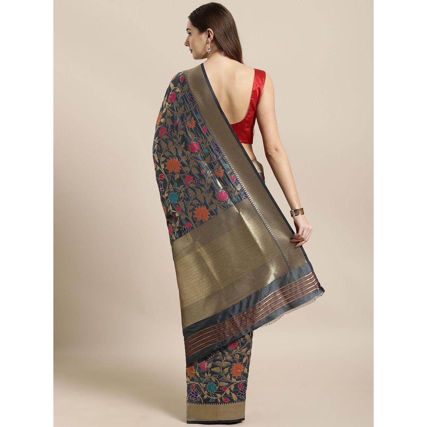Grey Festive Wear Woven Kanjivaram Silk Saree - Peachmode