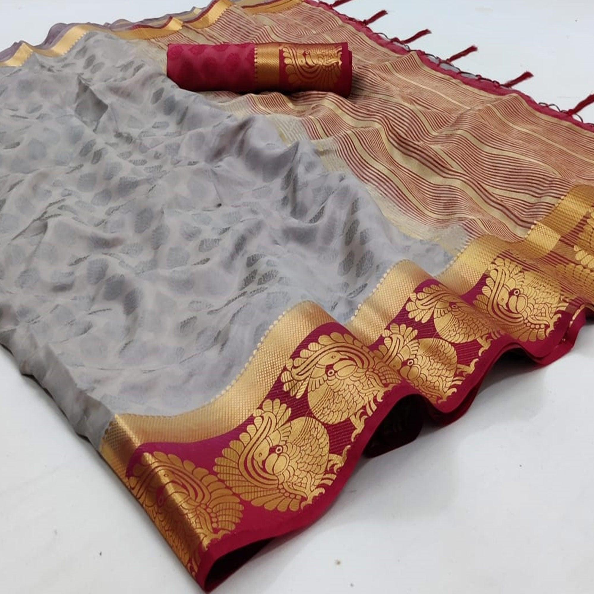 Grey Festive Wear Woven Kanjiwaram Art Silk Saree - Peachmode