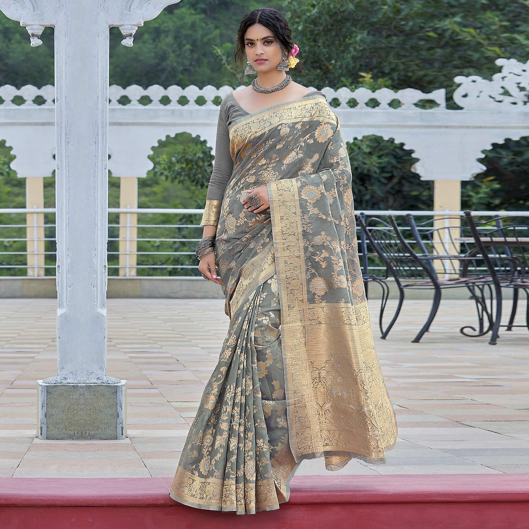 Grey Festive Wear Woven Linen Saree - Peachmode