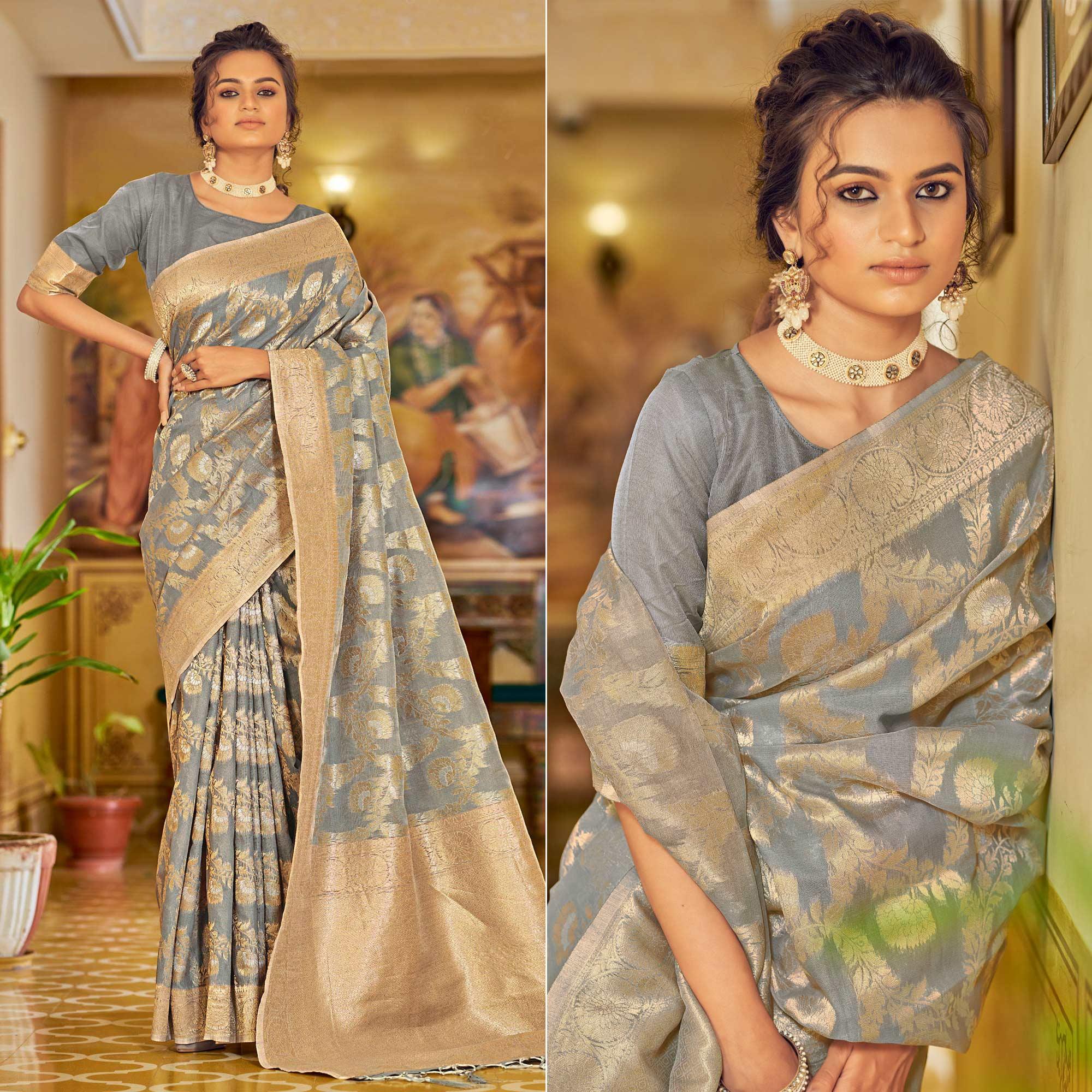 Grey Festive Wear Woven Linen Saree - Peachmode