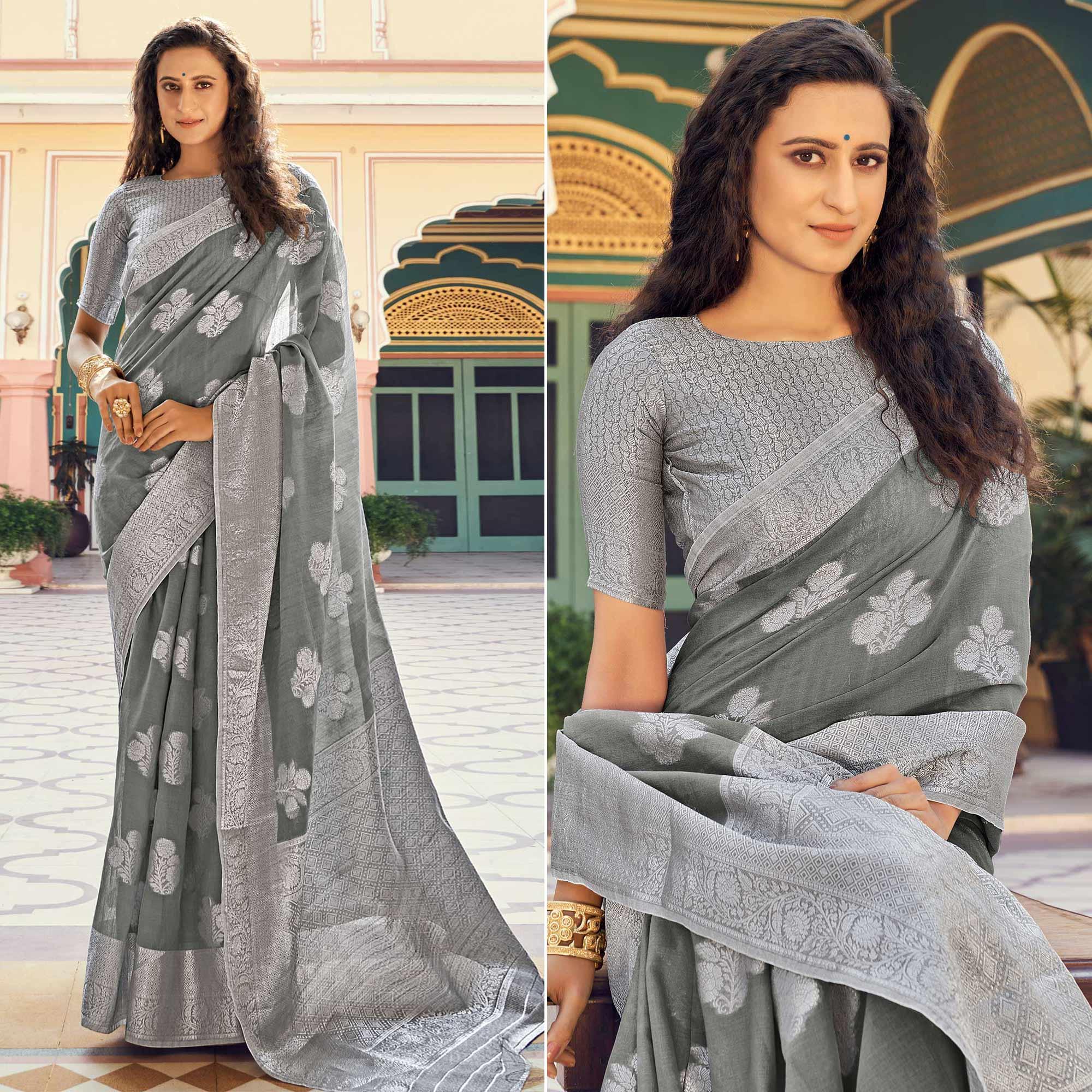 Grey Festive Wear Woven Linen Saree - Peachmode
