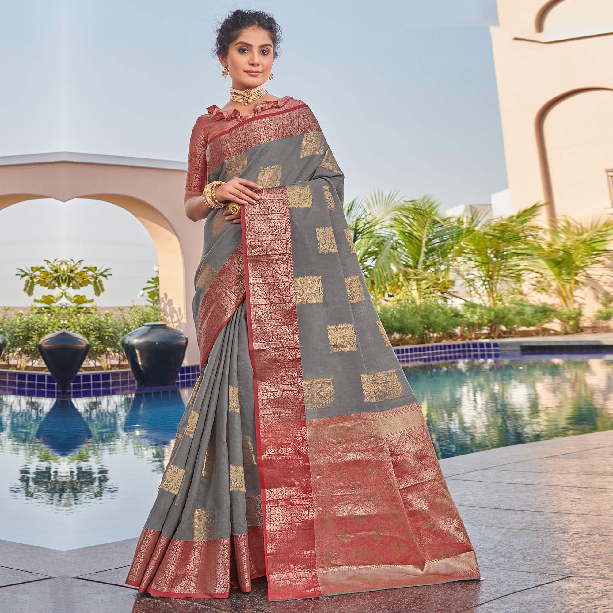 Grey Festive Wear Woven Linen Saree - Peachmode