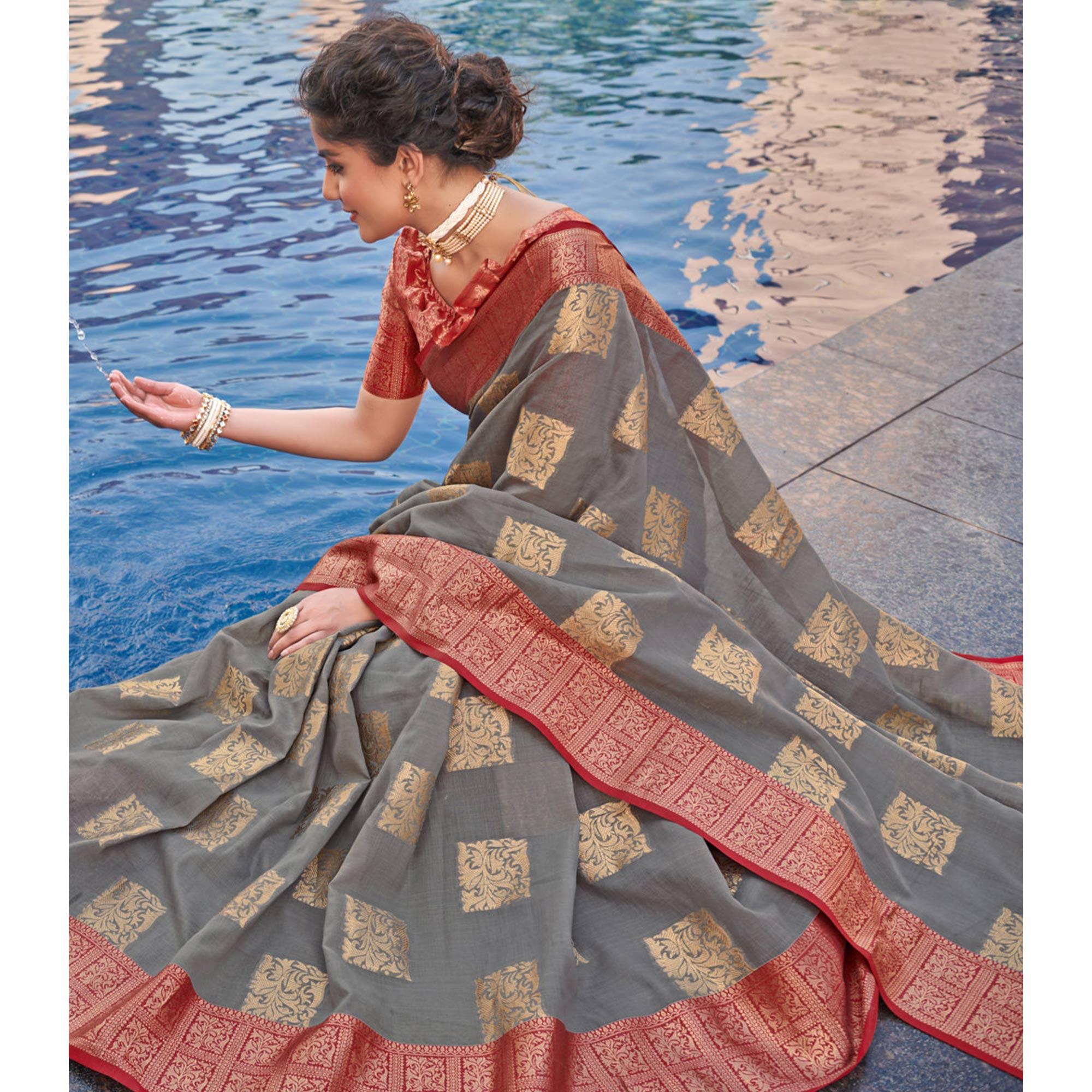 Grey Festive Wear Woven Linen Saree - Peachmode