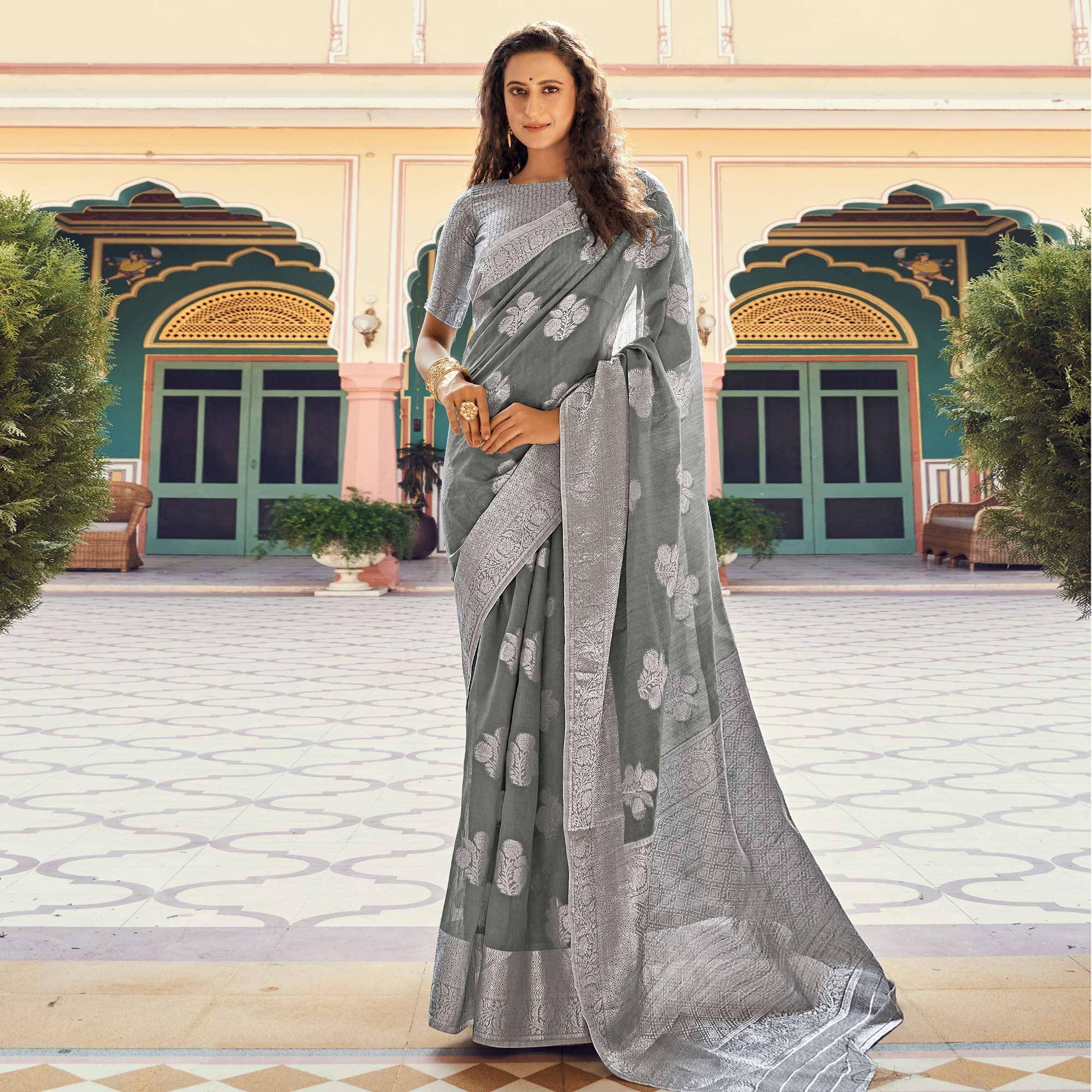 Grey Festive Wear Woven Linen Saree - Peachmode