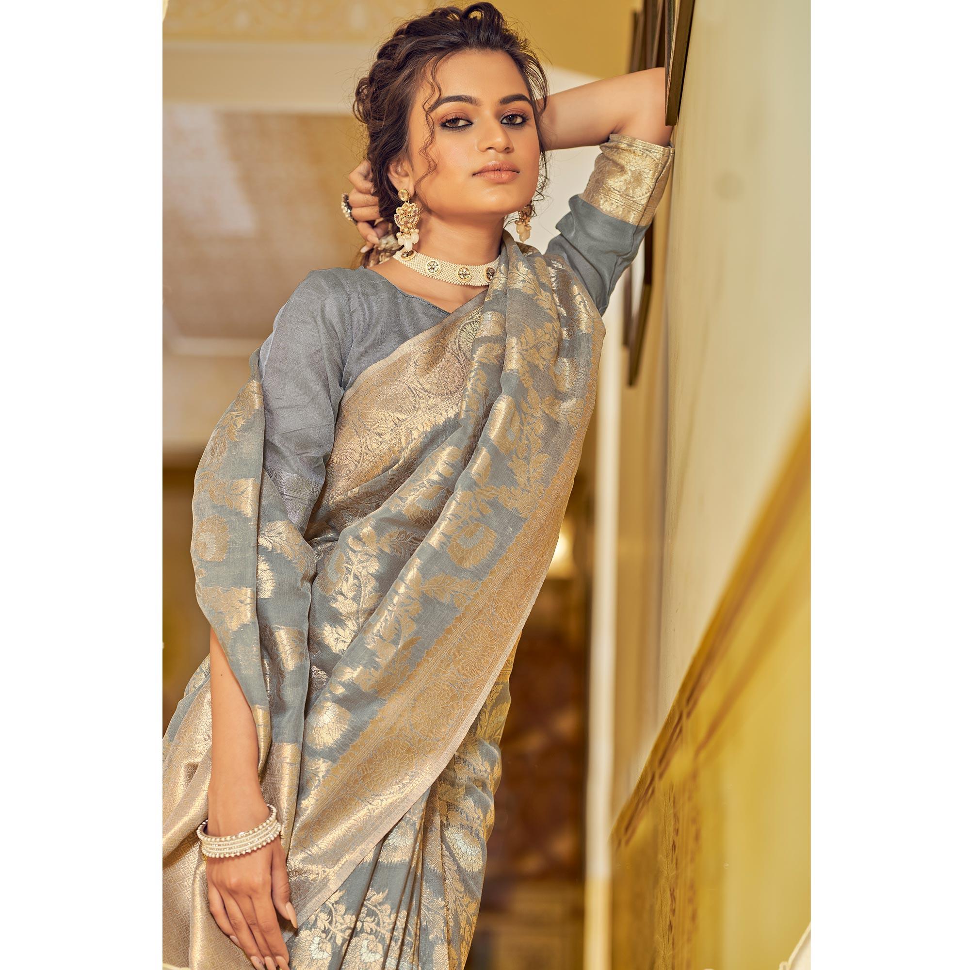 Grey Festive Wear Woven Linen Saree - Peachmode