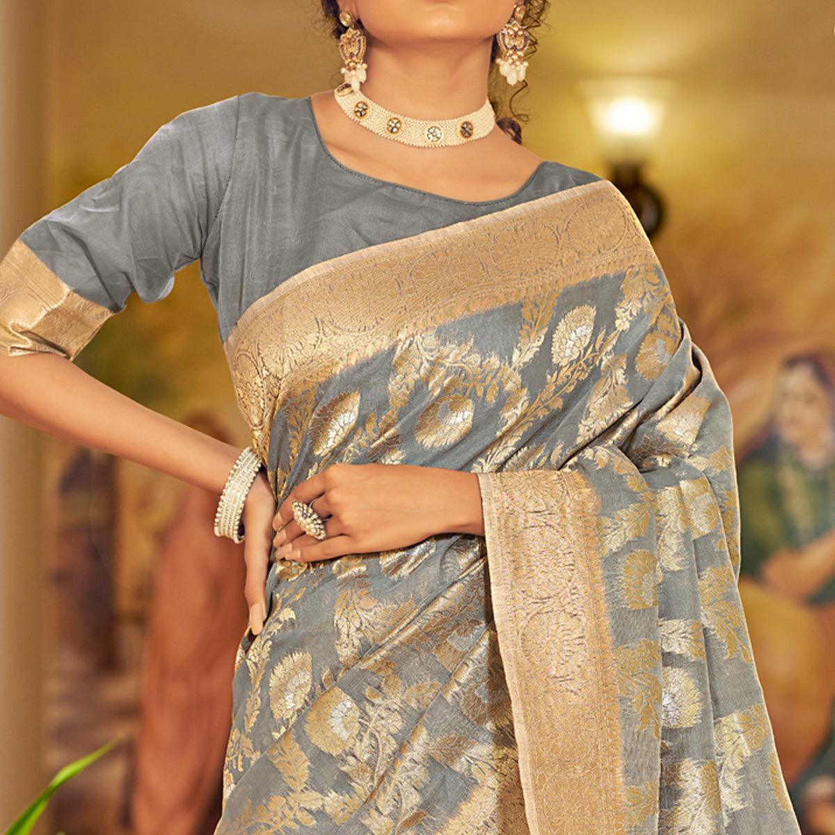 Grey Festive Wear Woven Linen Saree - Peachmode