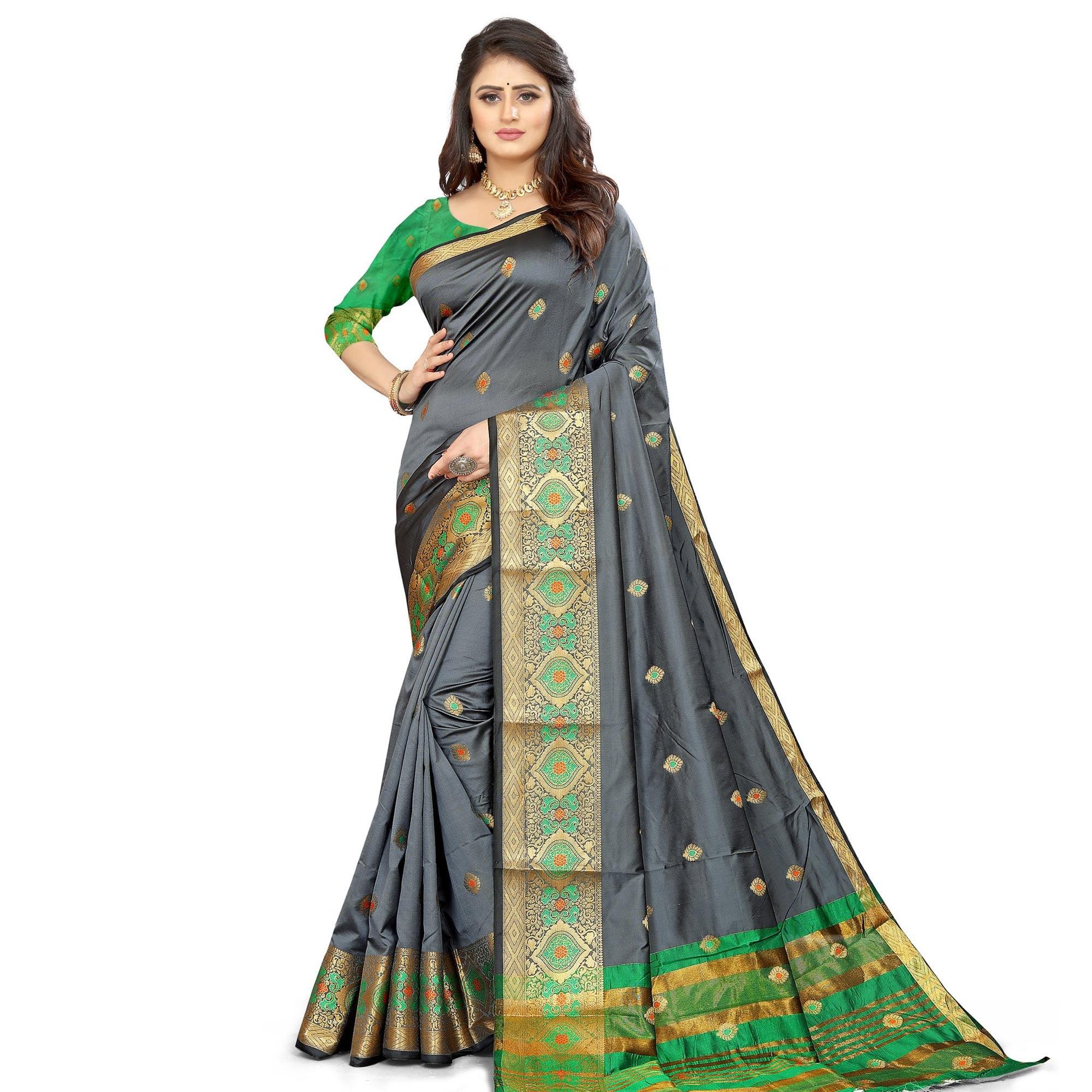 Grey Festive Wear Woven Maithili Silk Saree - Peachmode