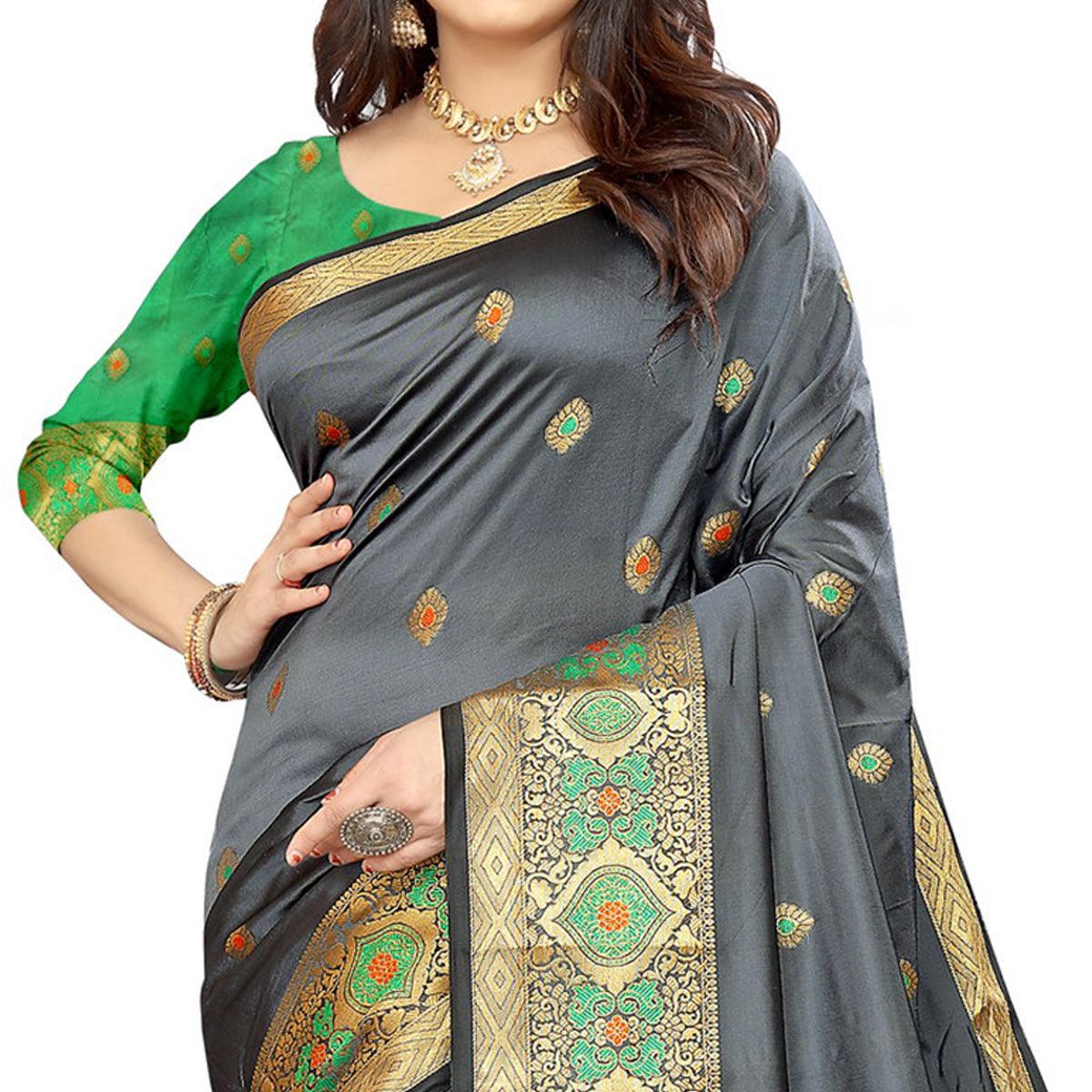Grey Festive Wear Woven Maithili Silk Saree - Peachmode