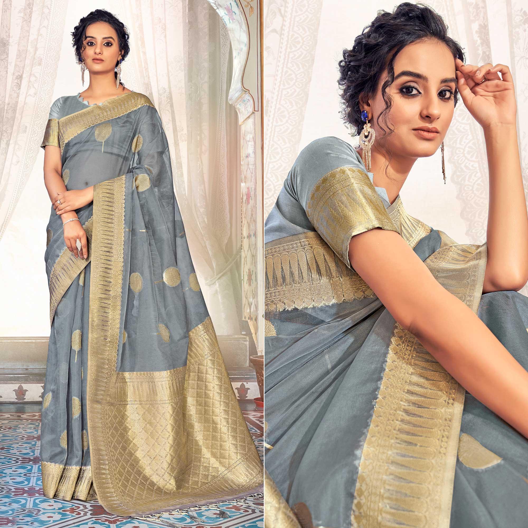 Grey Festive Wear Woven Organza Saree - Peachmode