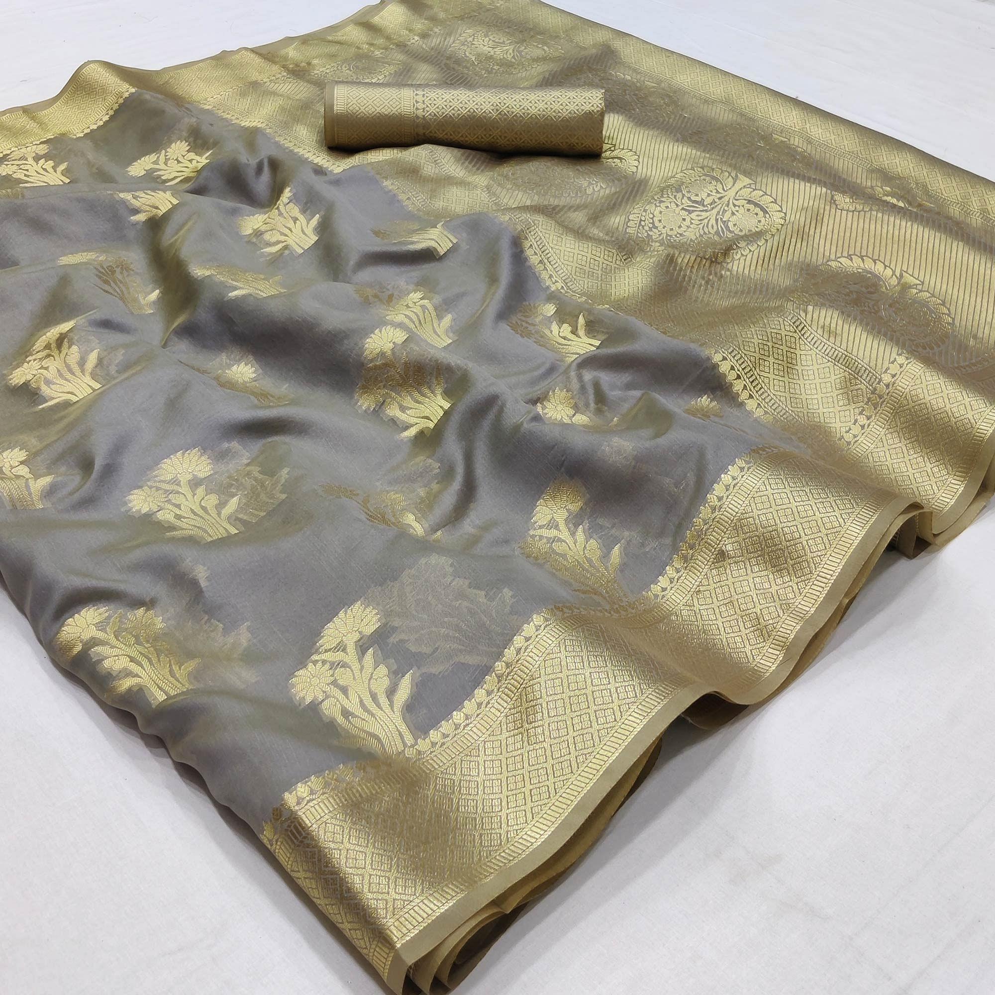 Grey Festive Wear Woven Organza Saree - Peachmode