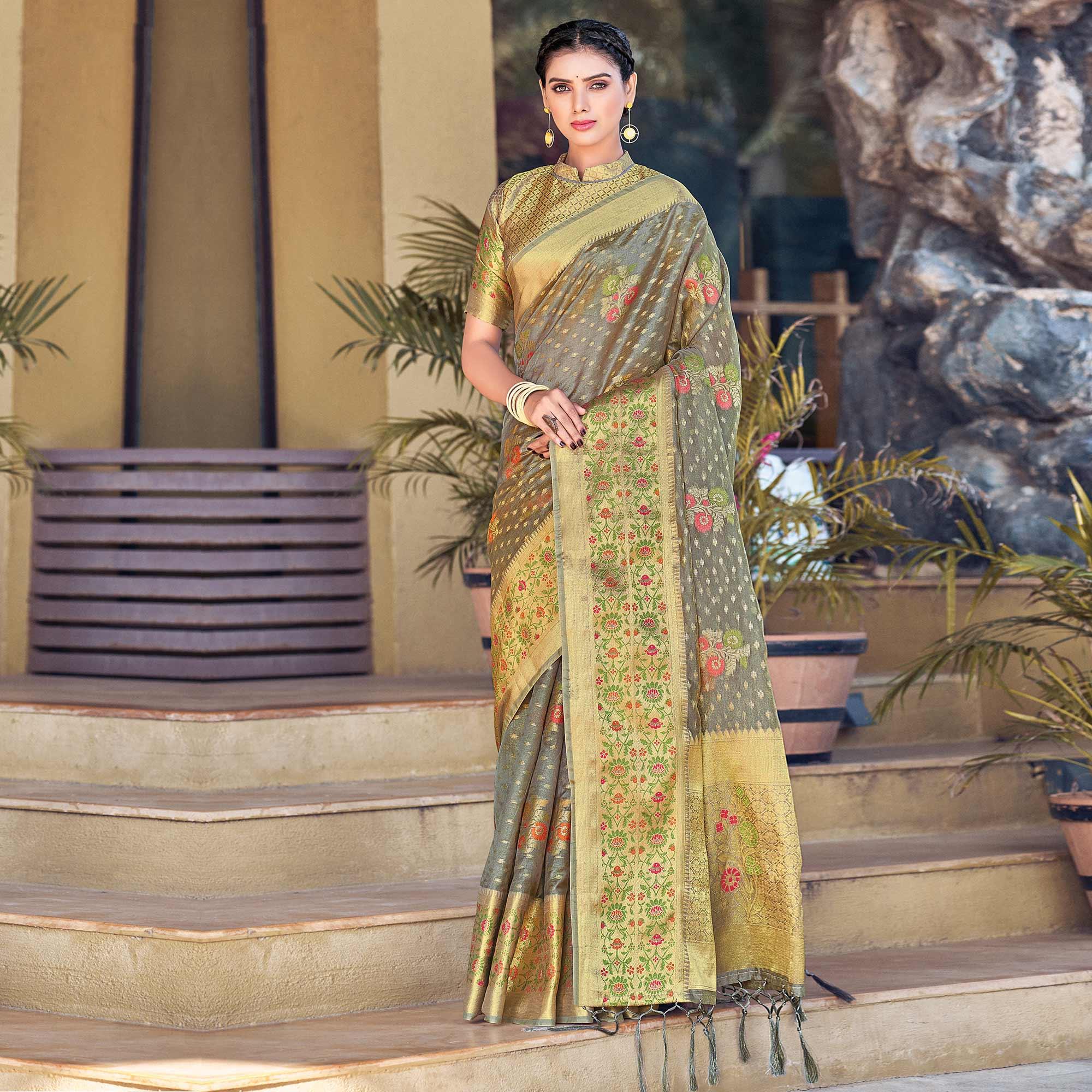 Grey Festive Wear Woven Organza Saree - Peachmode