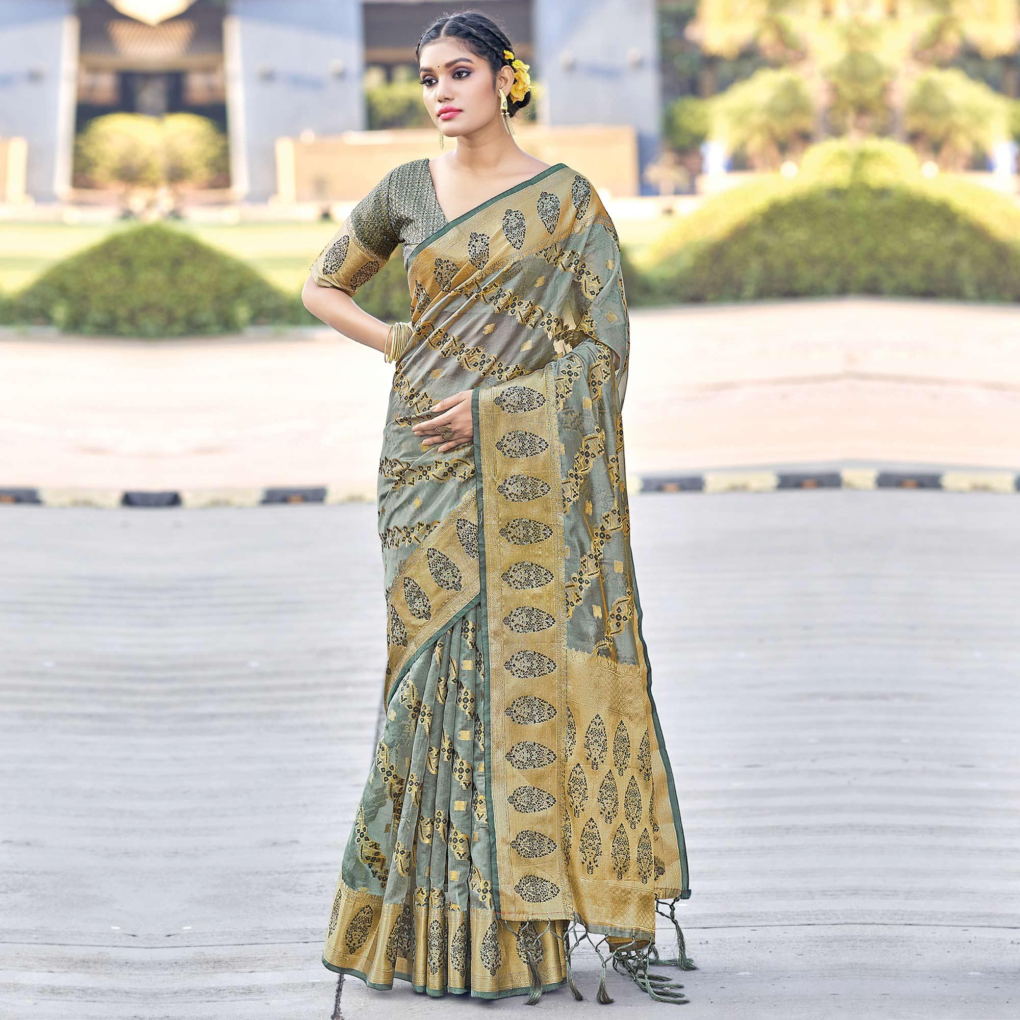 Grey Festive Wear Woven Organza Saree - Peachmode