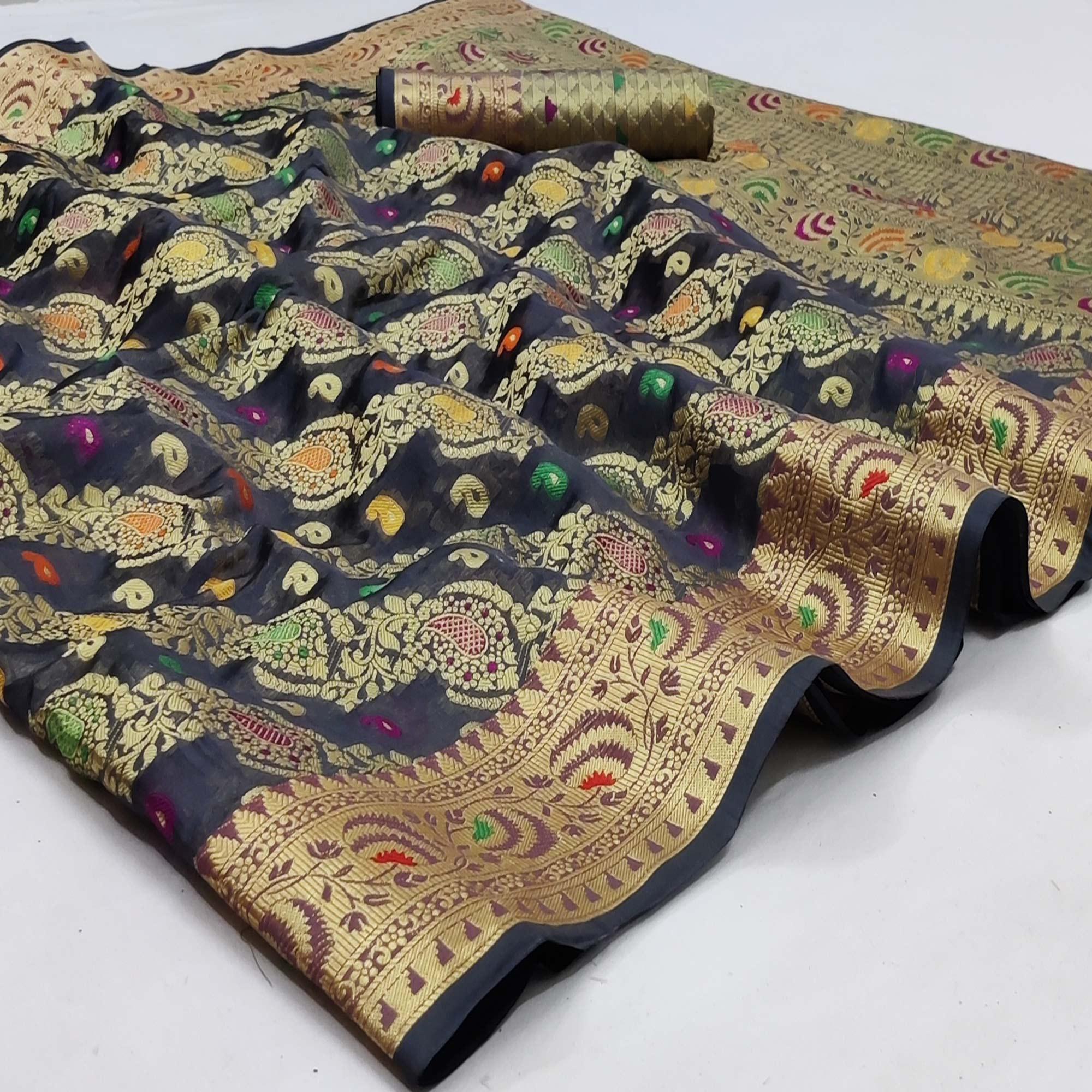 Grey Festive Wear Woven Organza Saree - Peachmode
