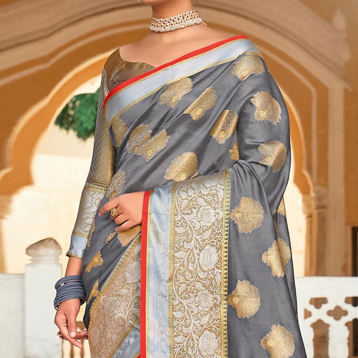 Grey Festive Wear Woven Organza Saree - Peachmode