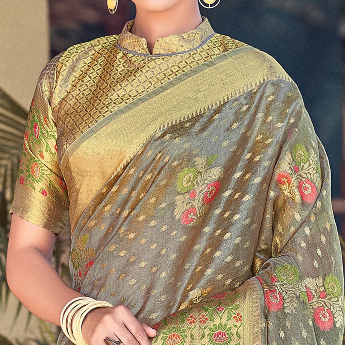 Grey Festive Wear Woven Organza Saree - Peachmode