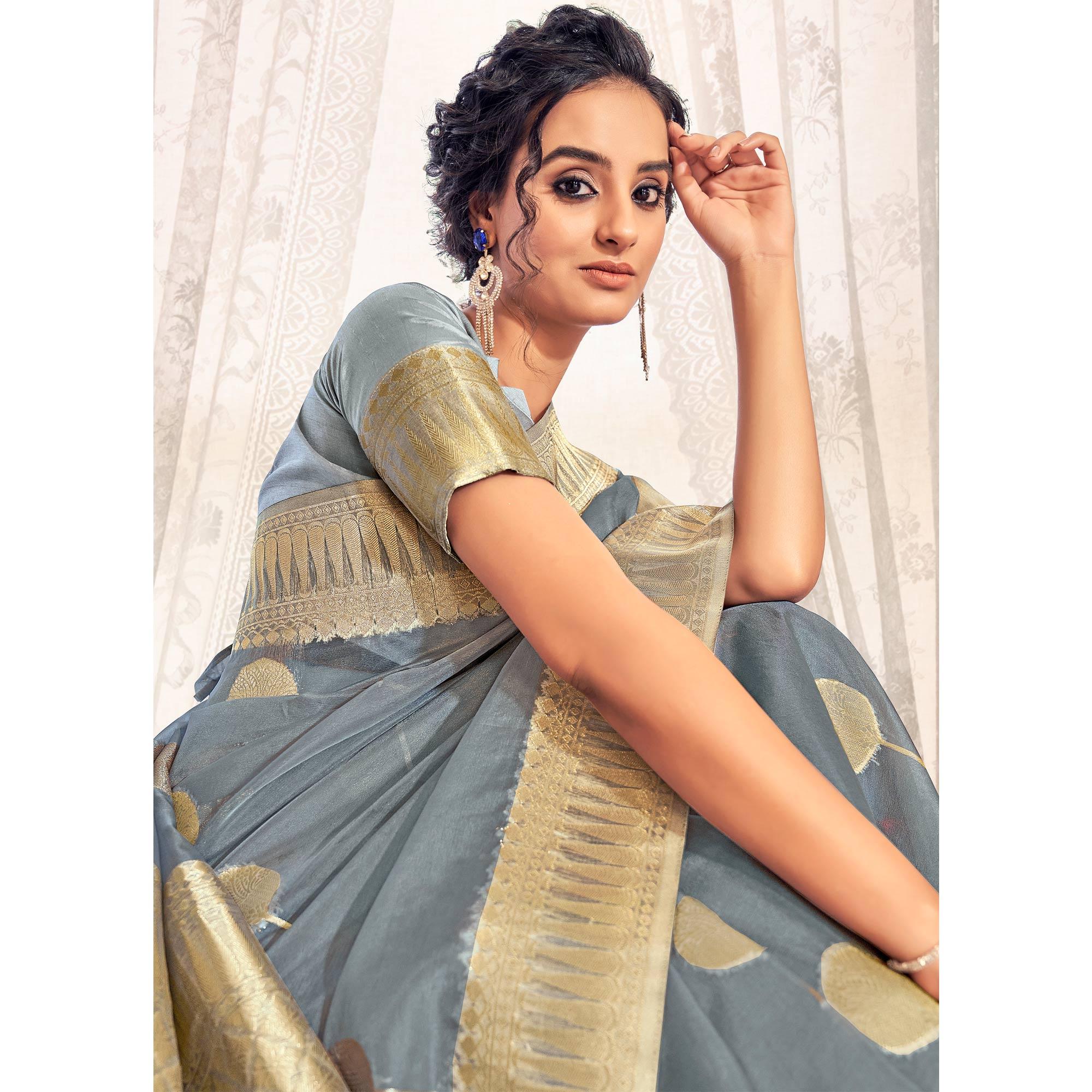 Grey Festive Wear Woven Organza Saree - Peachmode